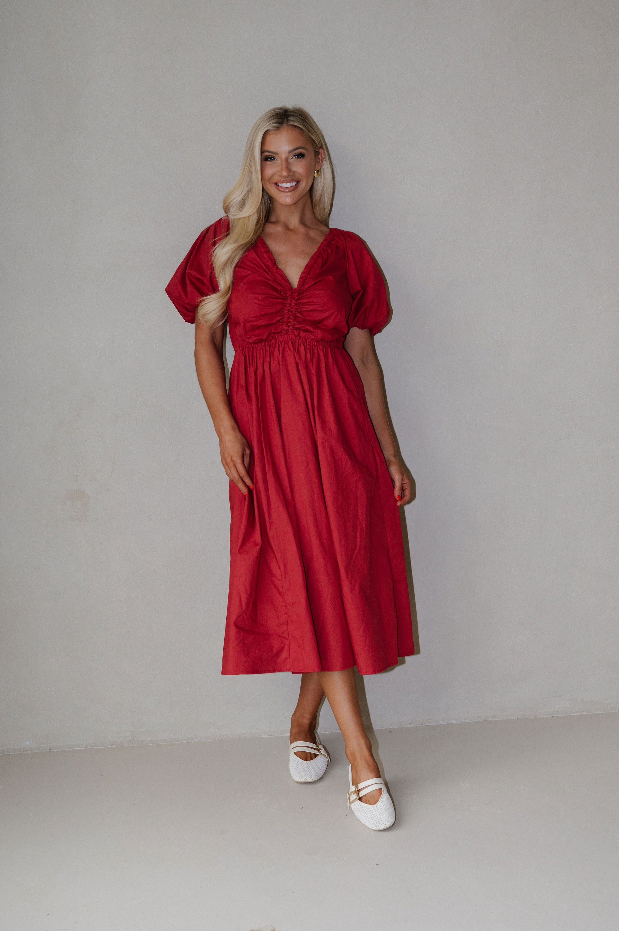 V-Neck Puff Sleeve Dress-Red