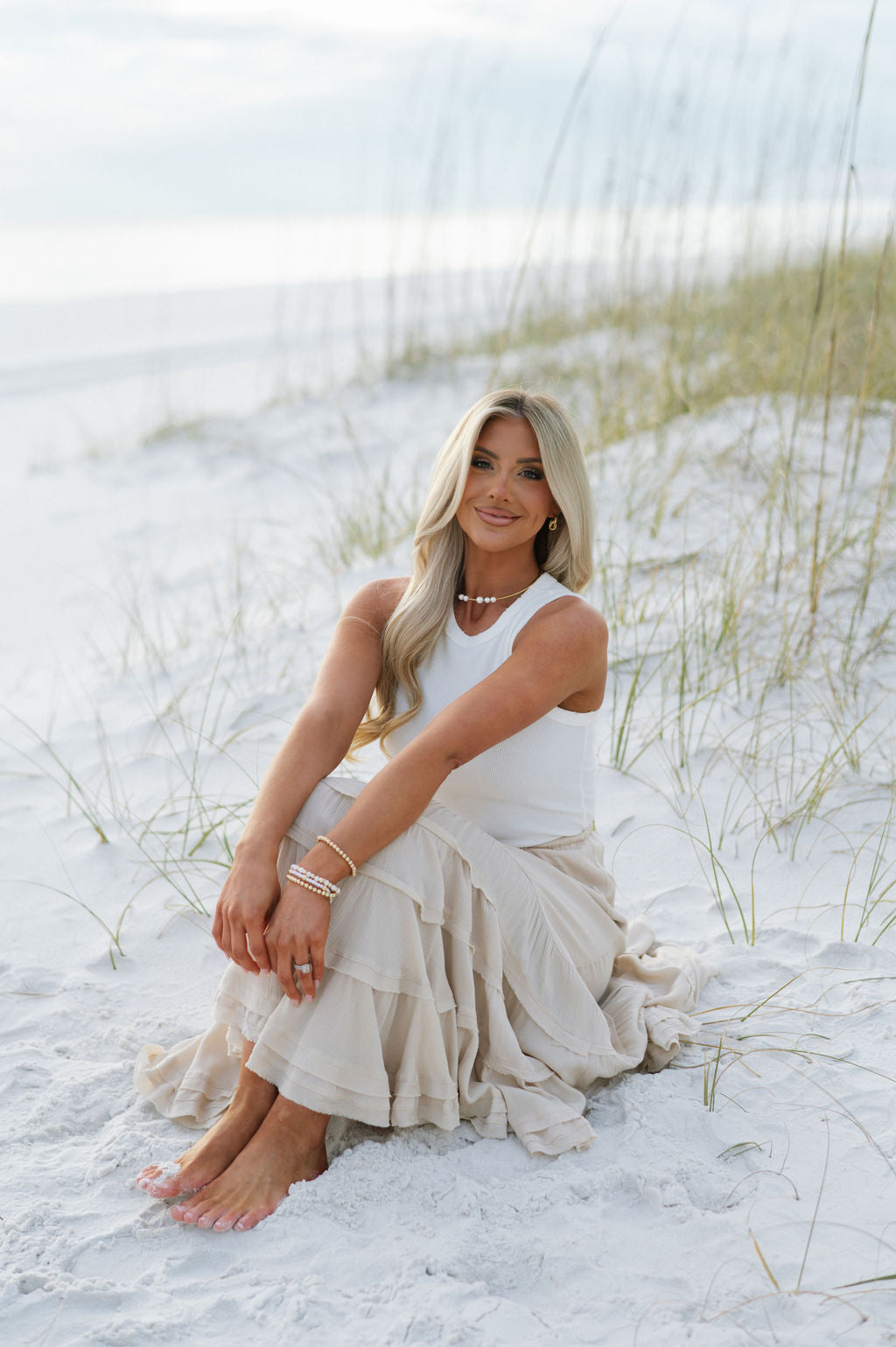 Front Tie Wave Tiered Skirt-Natural