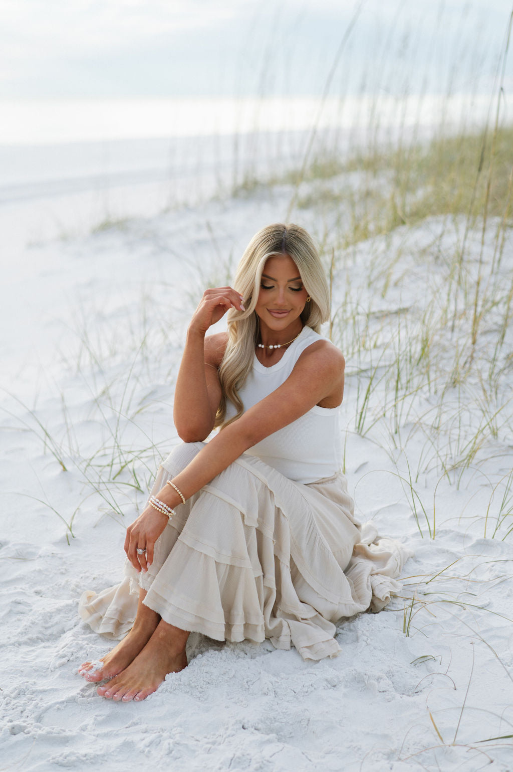 Front Tie Wave Tiered Skirt-Natural