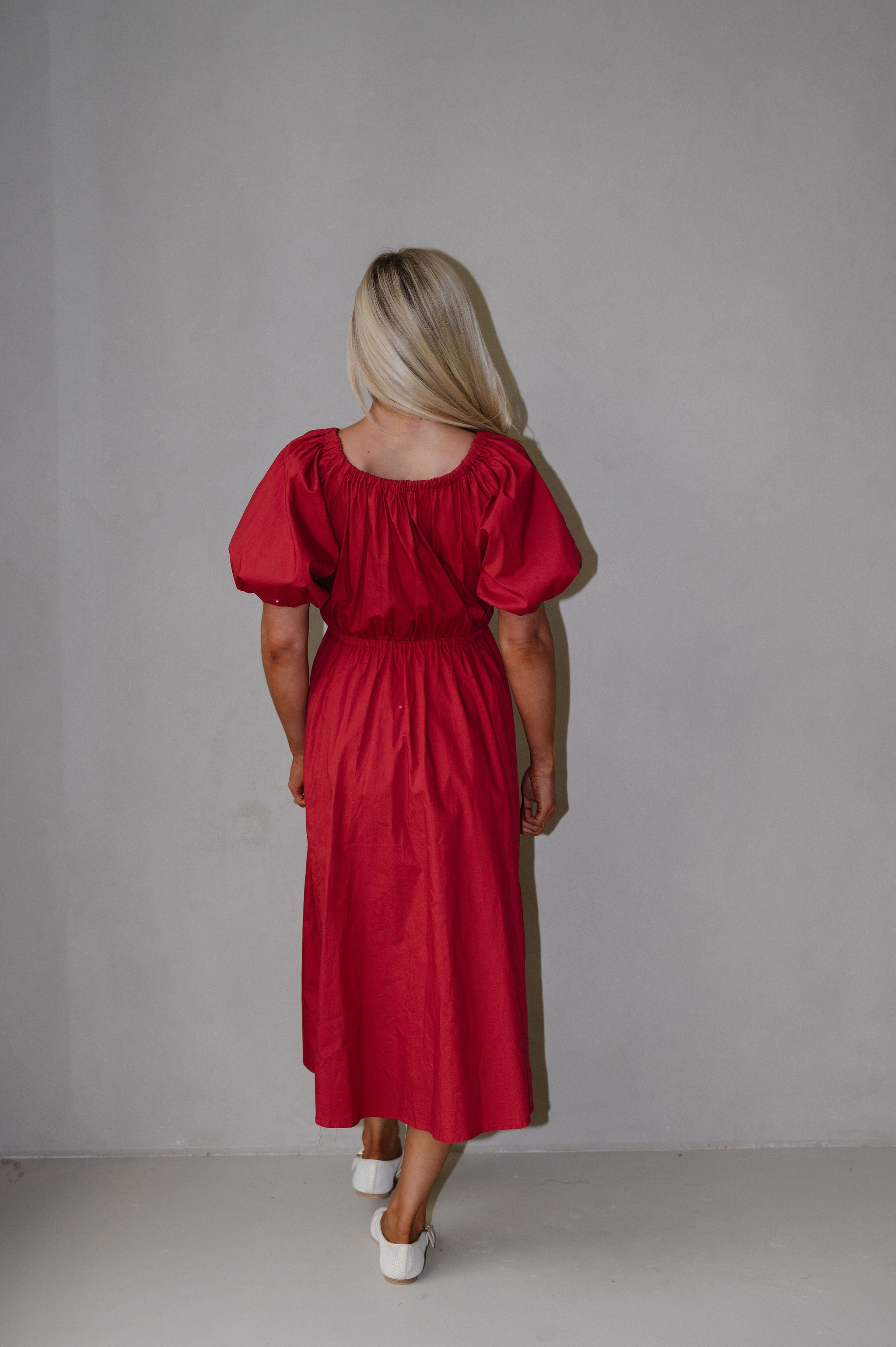 V-Neck Puff Sleeve Dress-Red
