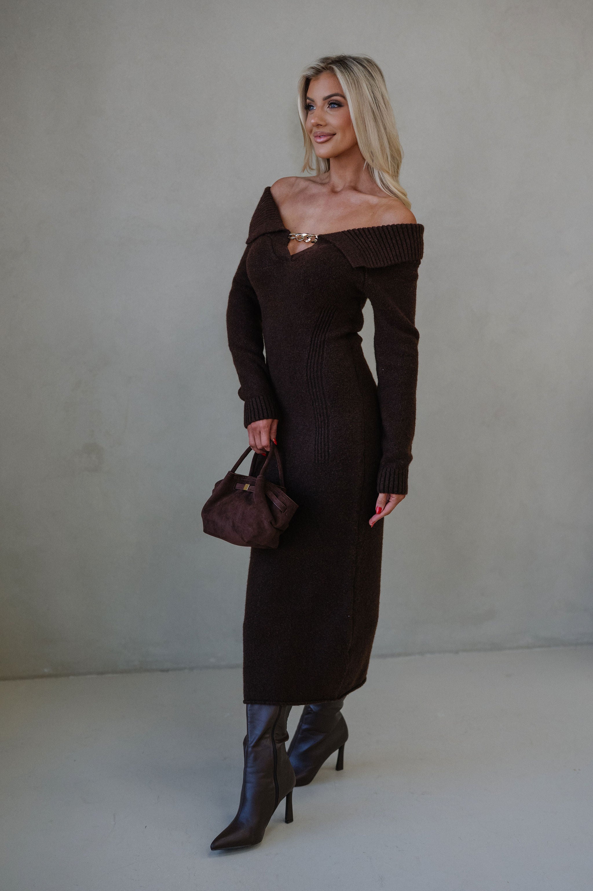 Ali OTS Knit Maxi Dress-Brown