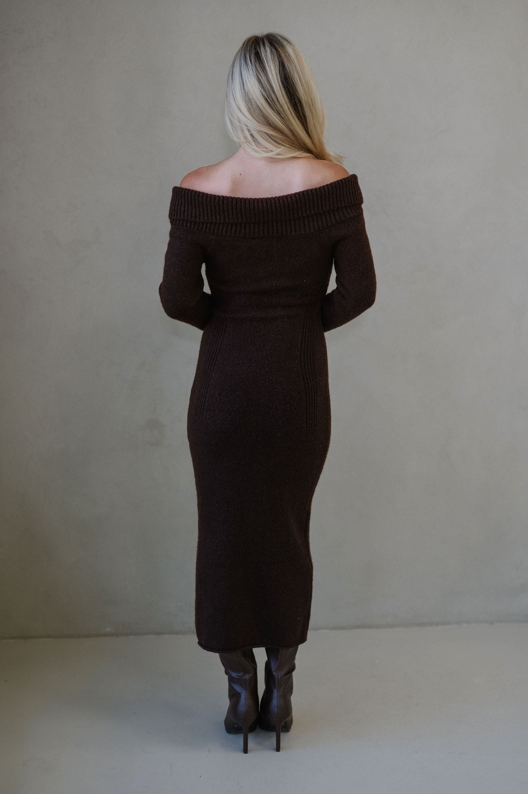 Ali OTS Knit Maxi Dress-Brown