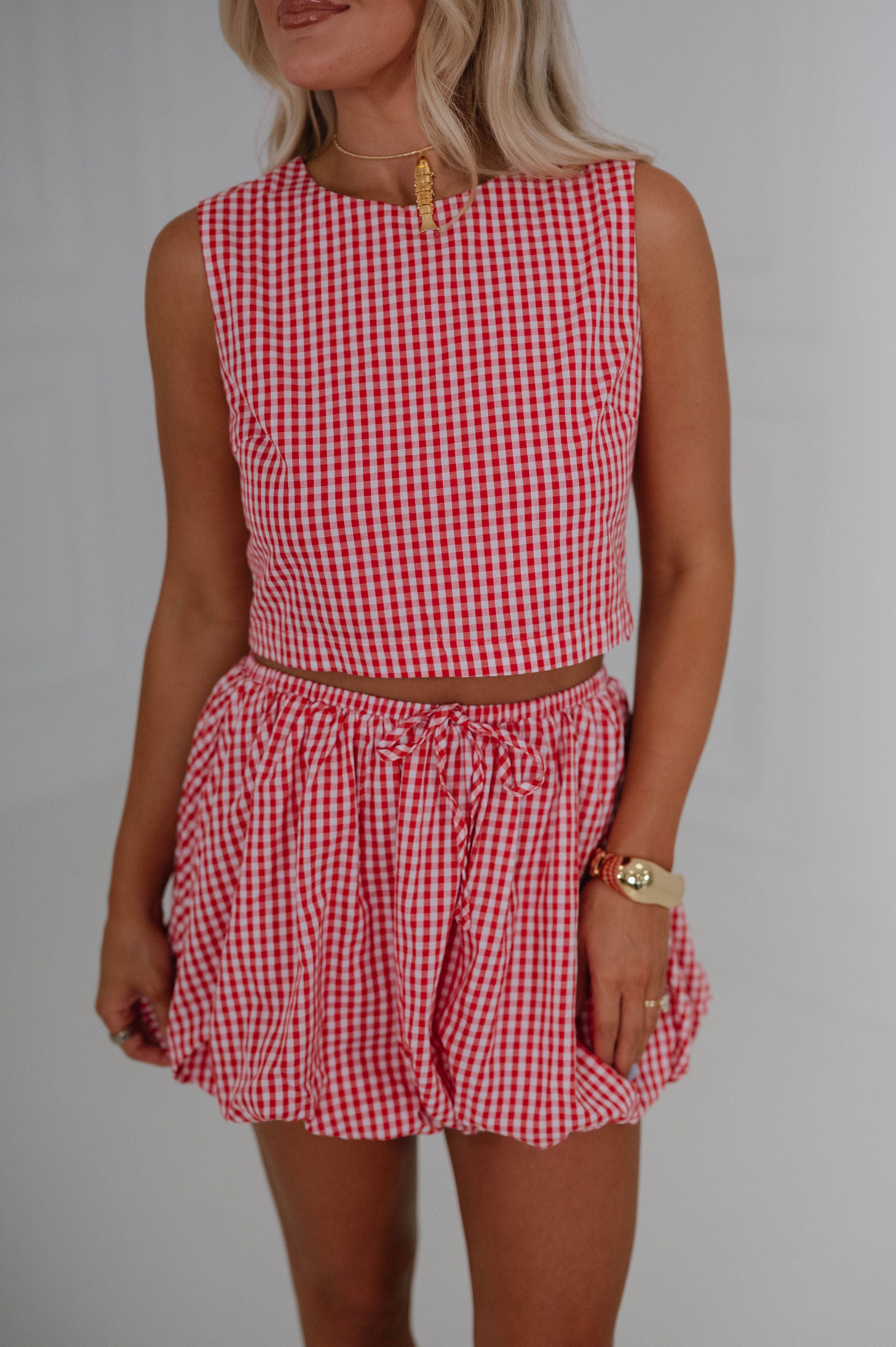 Gingham Bubble Skirt Set-Red