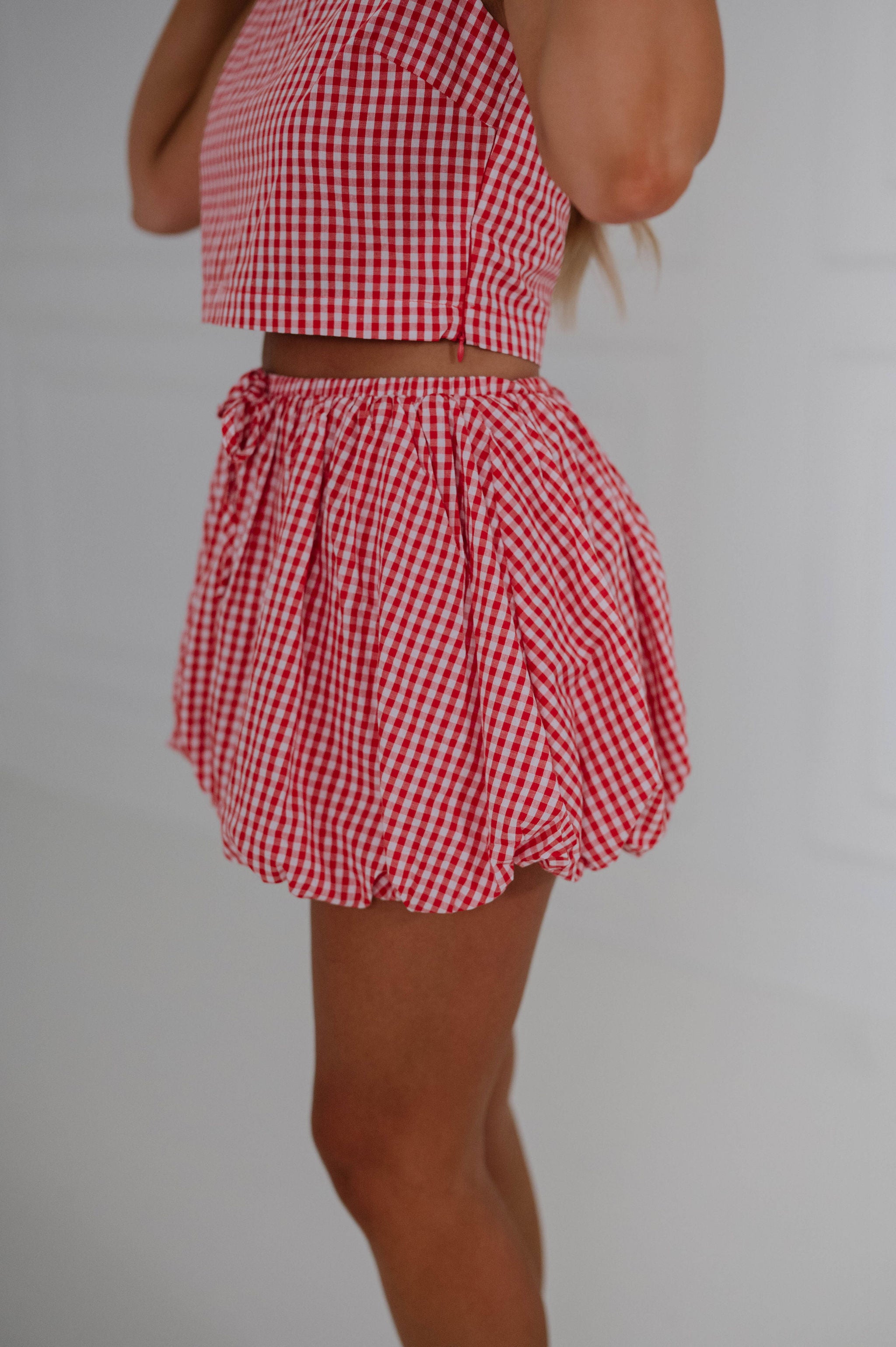 Gingham Bubble Skirt Set-Red