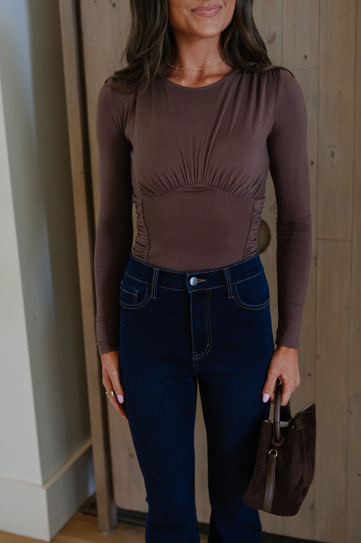 Hallie Ruched Bodysuit-Brown