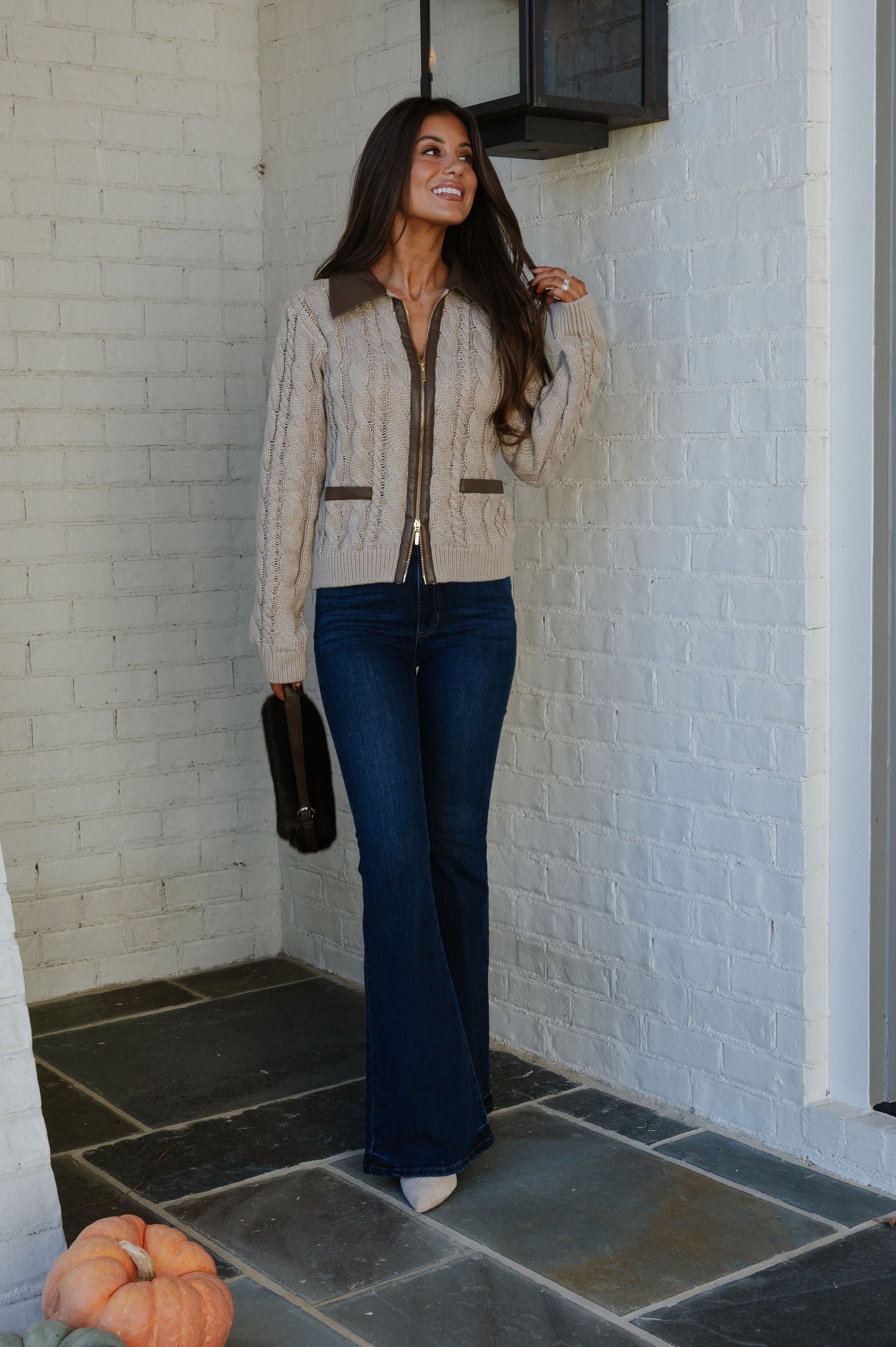 Lou Contrast Leather Sweater-Taupe