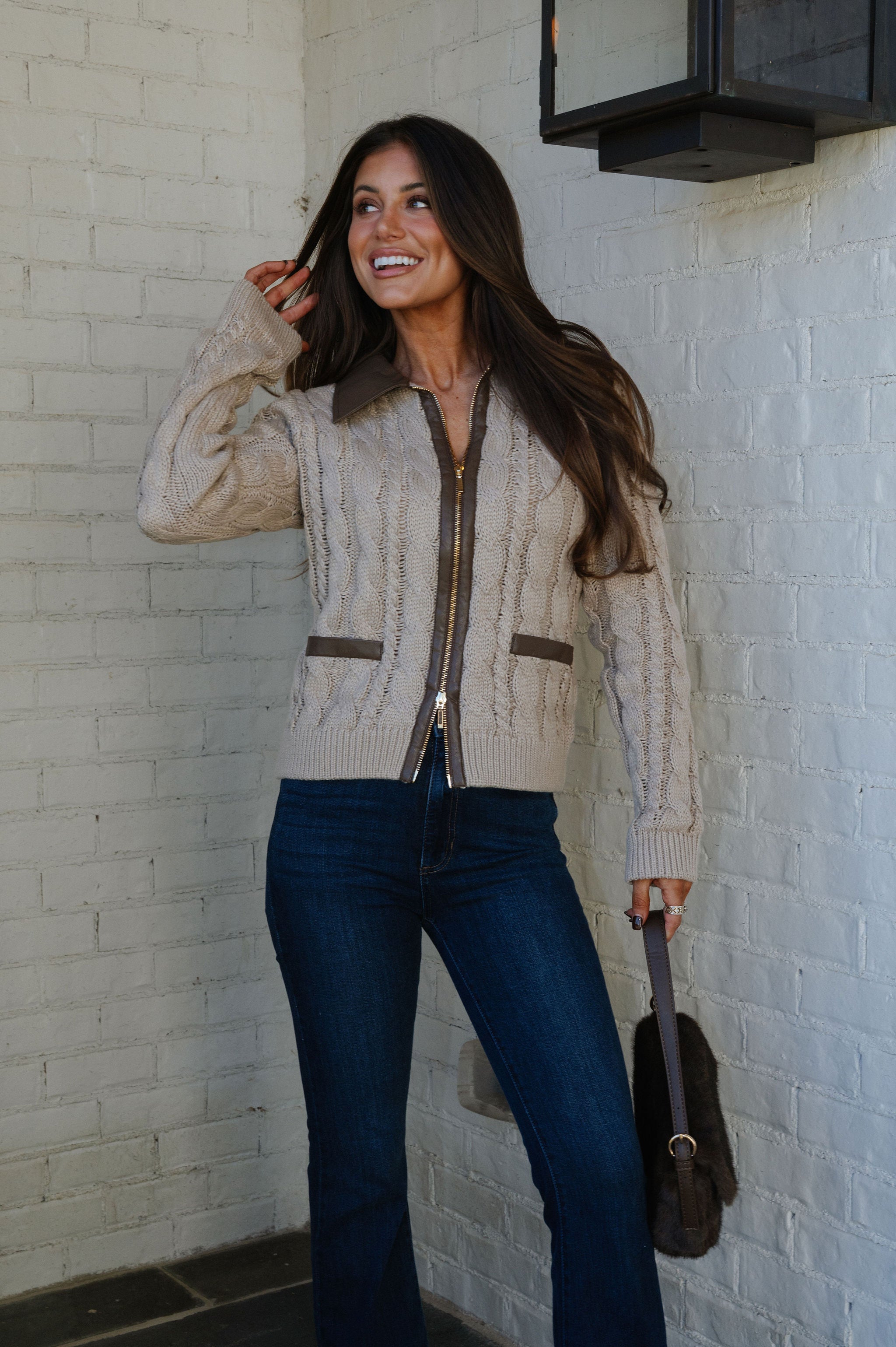 Lou Contrast Leather Sweater-Taupe