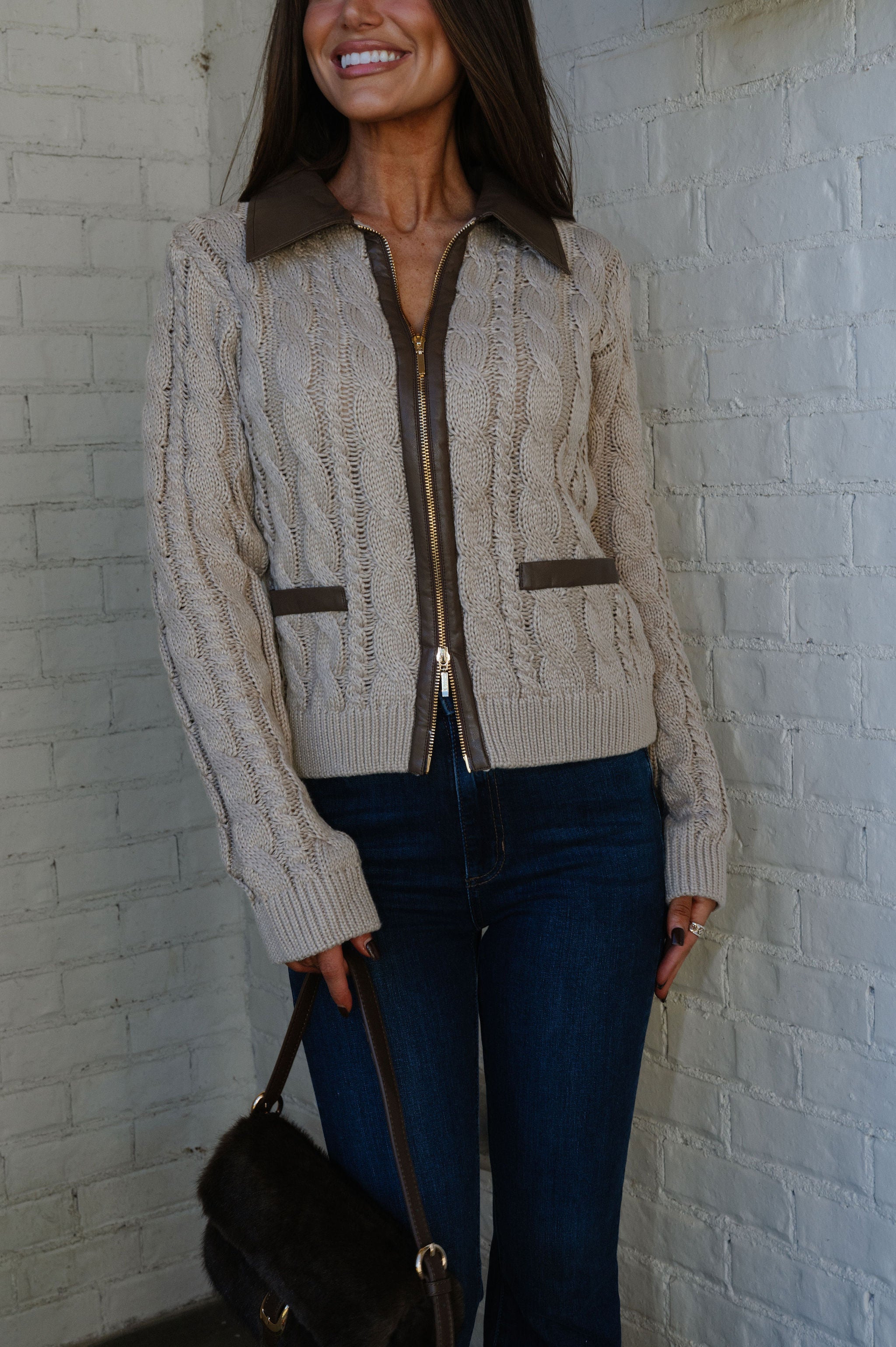 Lou Contrast Leather Sweater-Taupe