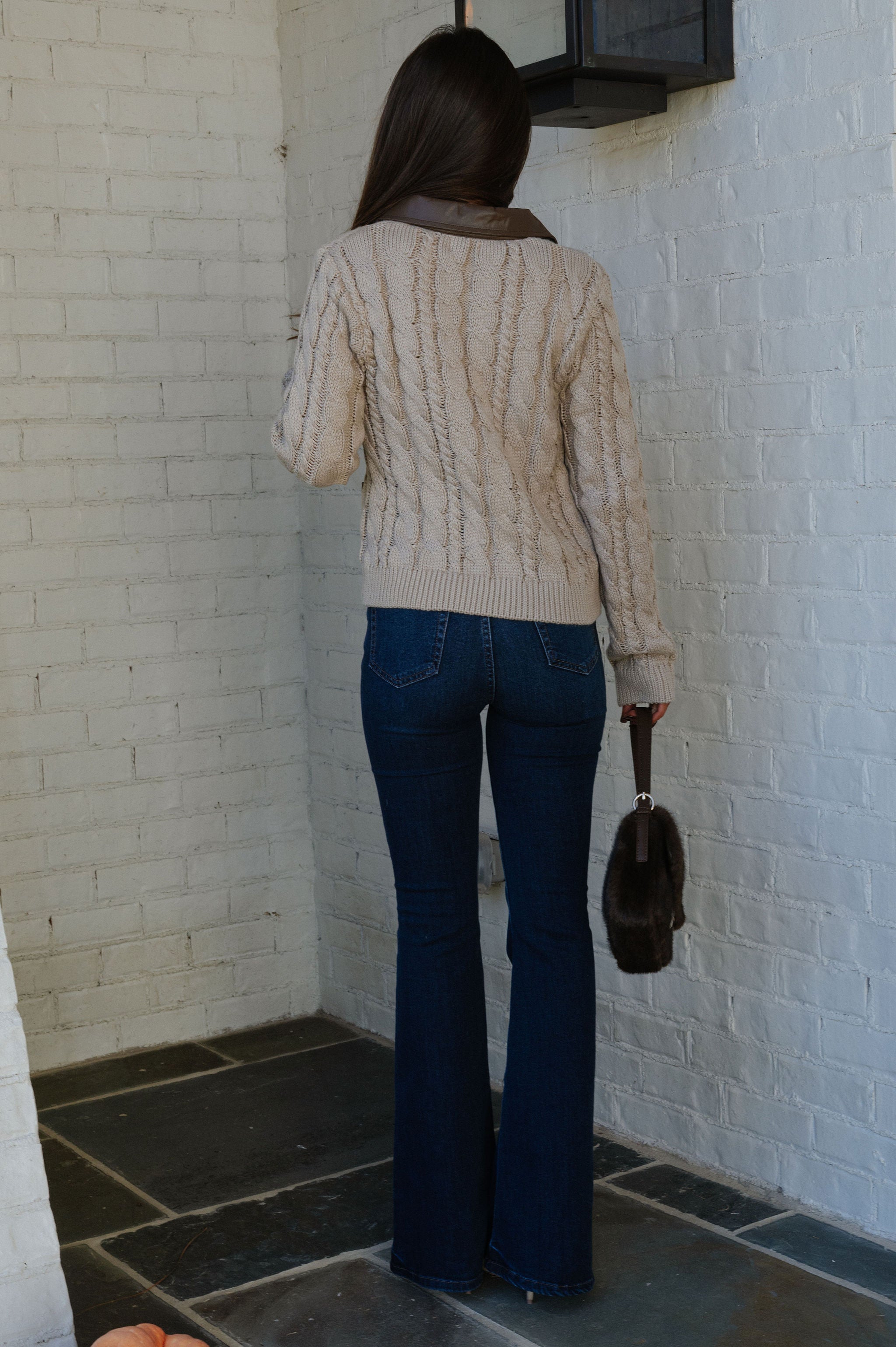 Lou Contrast Leather Sweater-Taupe
