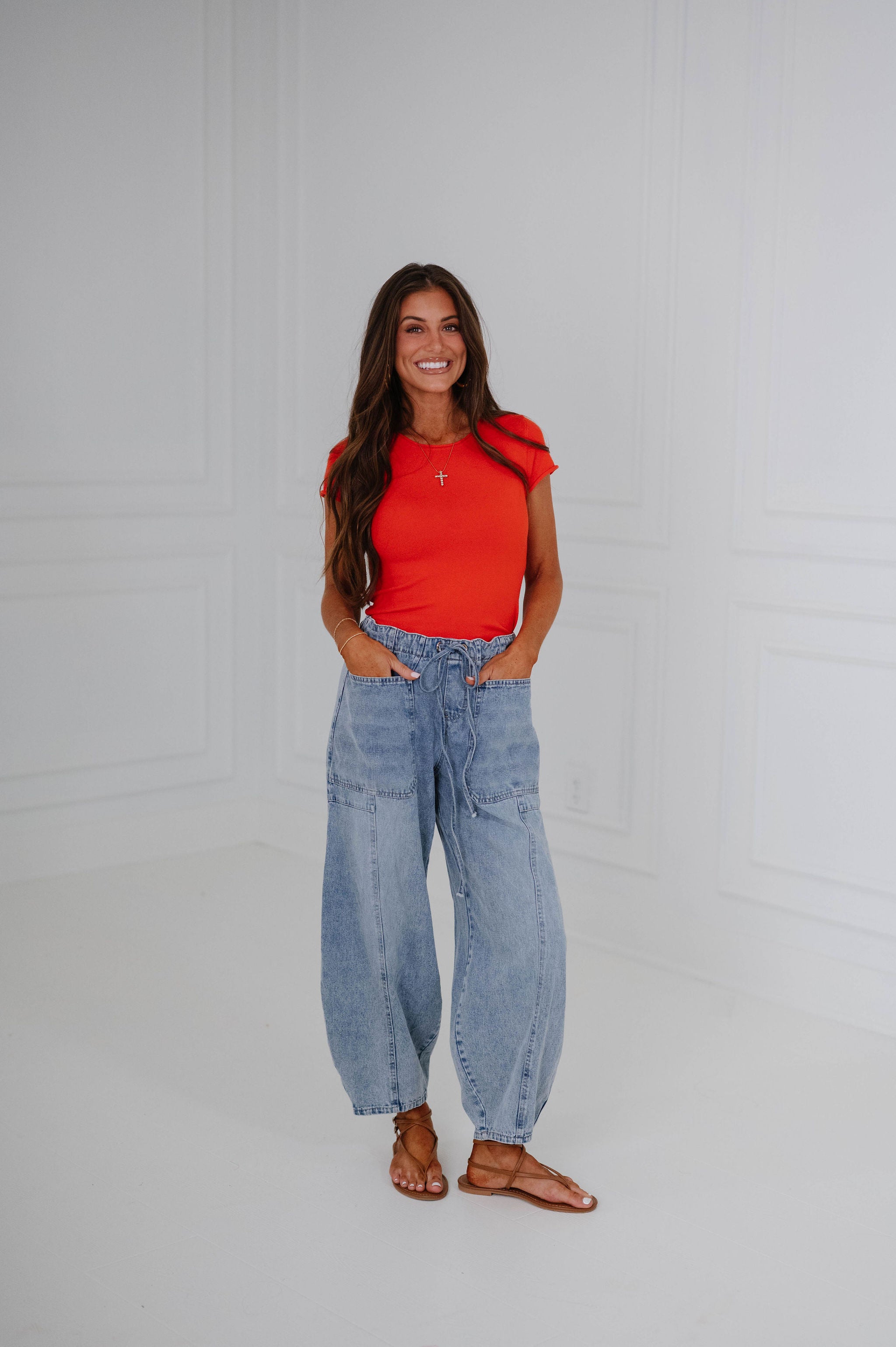 Mia Fitted Ribbed Knit Top-Red Orange