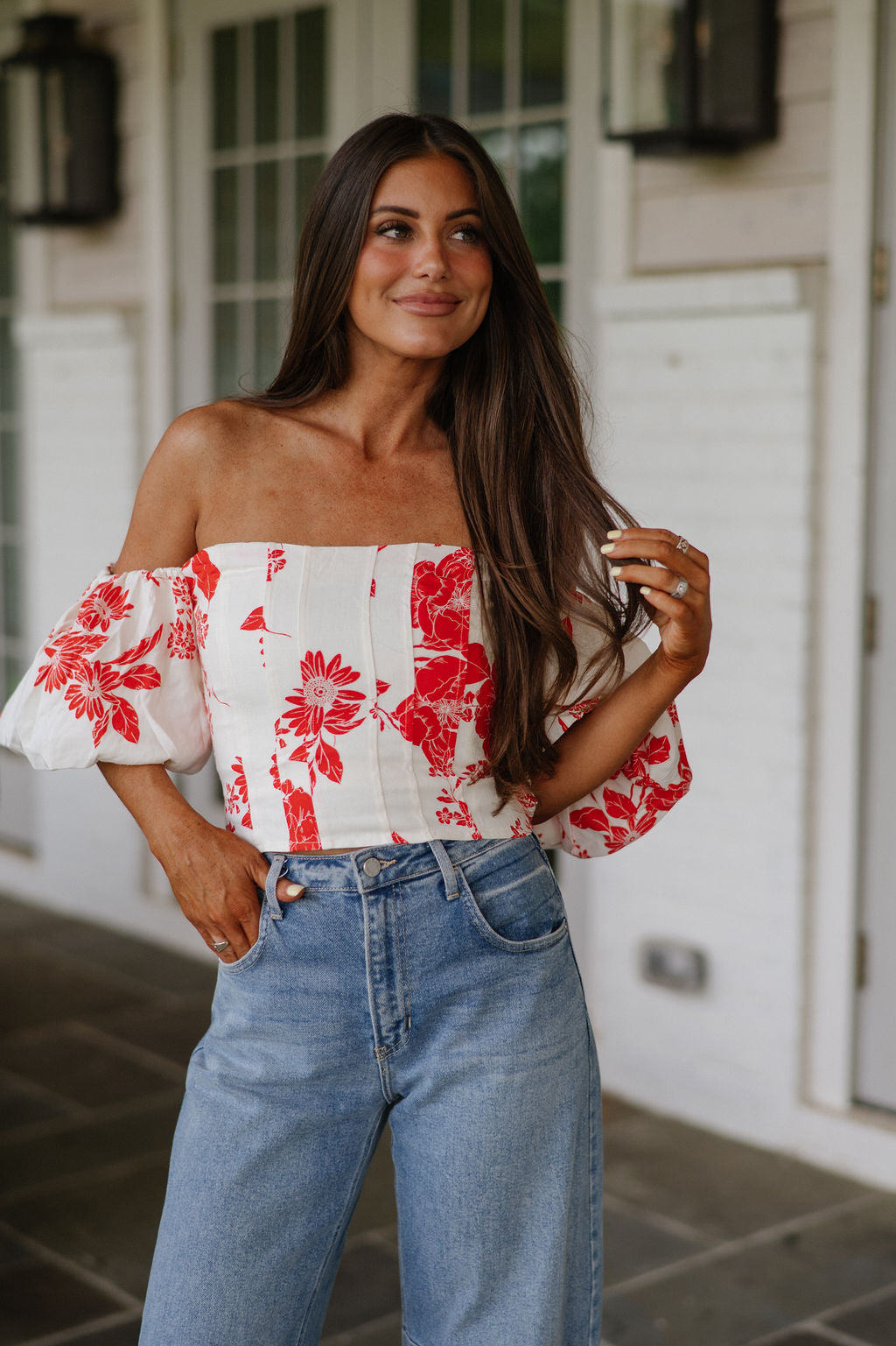 Lee Floral Top-Red/Off White