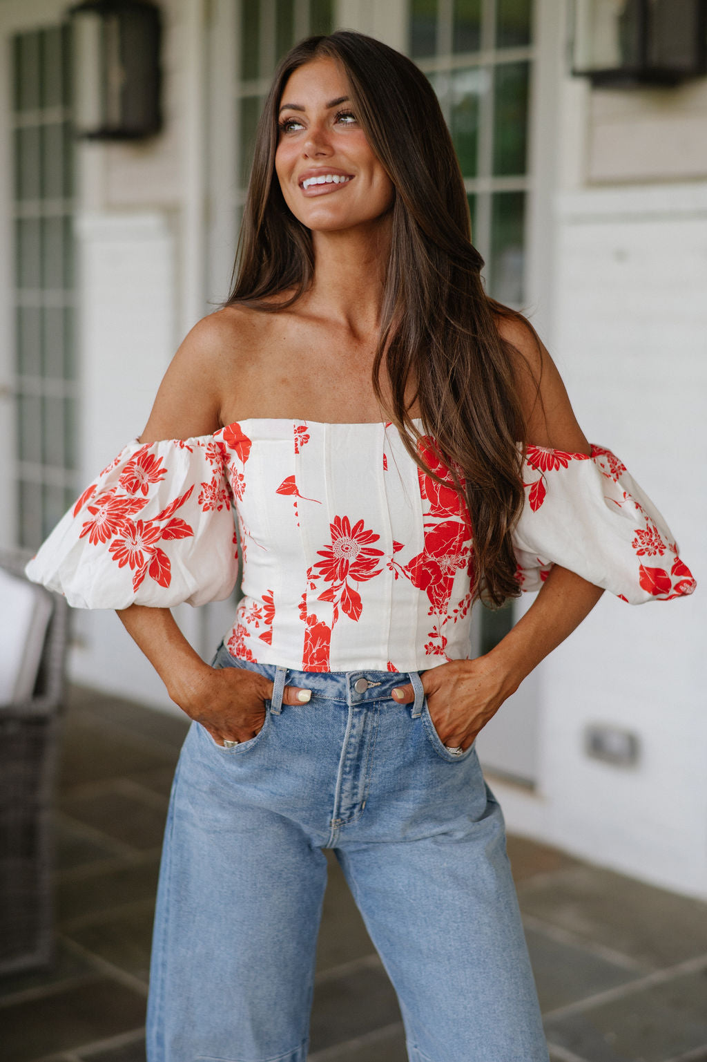 Lee Floral Top-Red/Off White