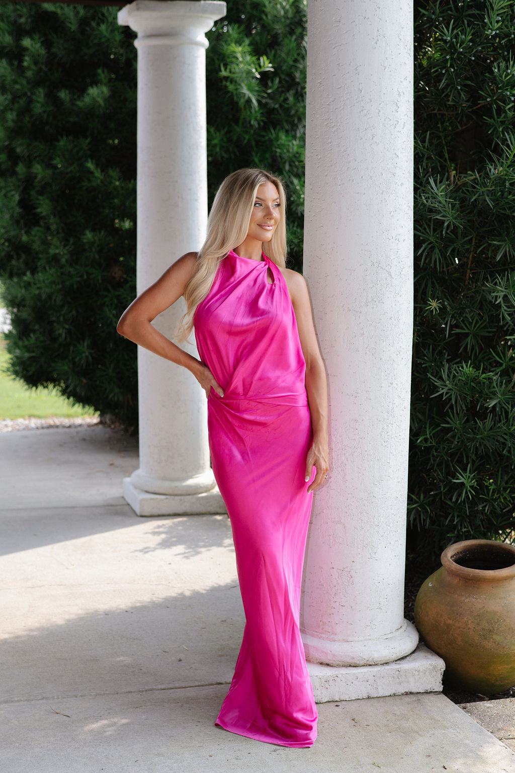 Olivia Open Back Satin Dress-Magenta