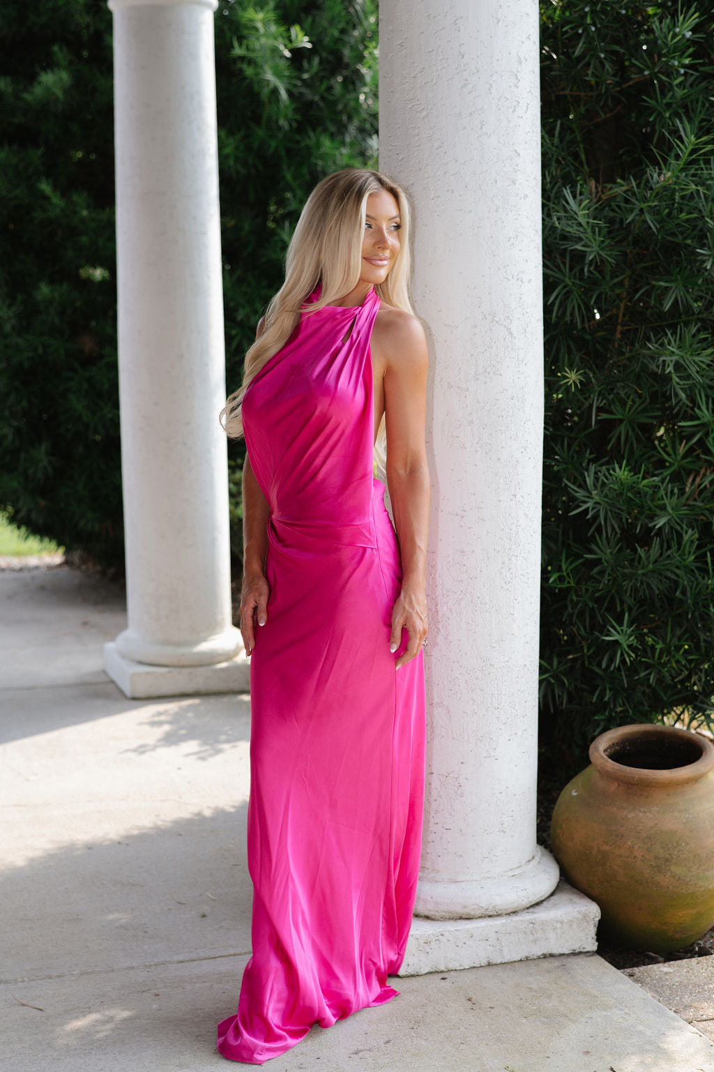 Olivia Open Back Satin Dress-Magenta