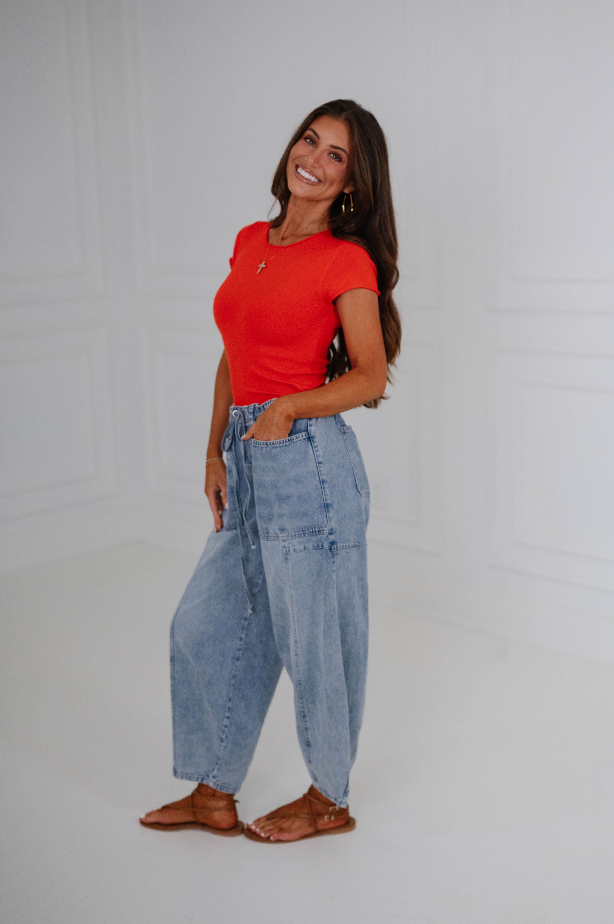Mia Fitted Ribbed Knit Top-Red Orange