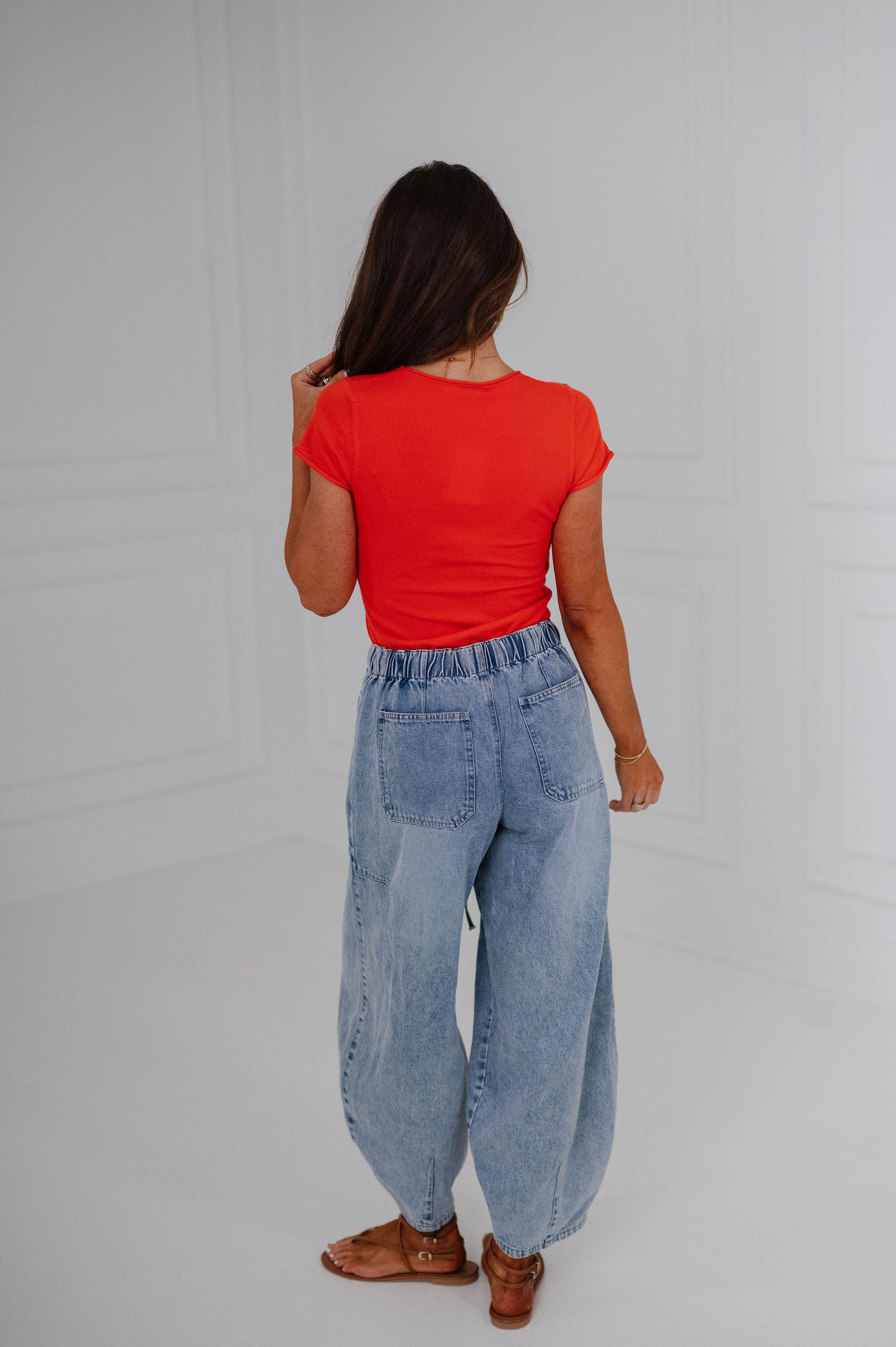 Mia Fitted Ribbed Knit Top-Red Orange
