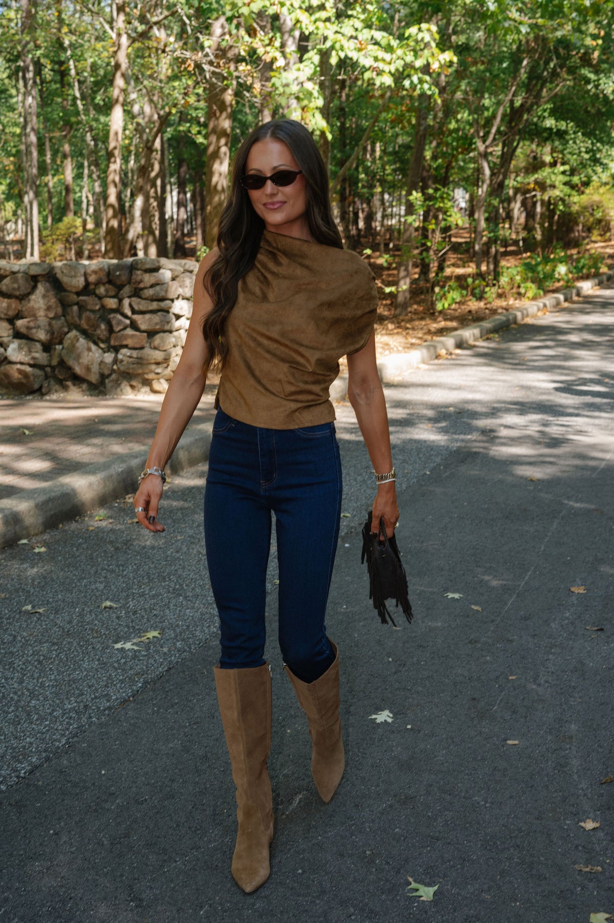 Brown Faux Suede Cowl Neck Top