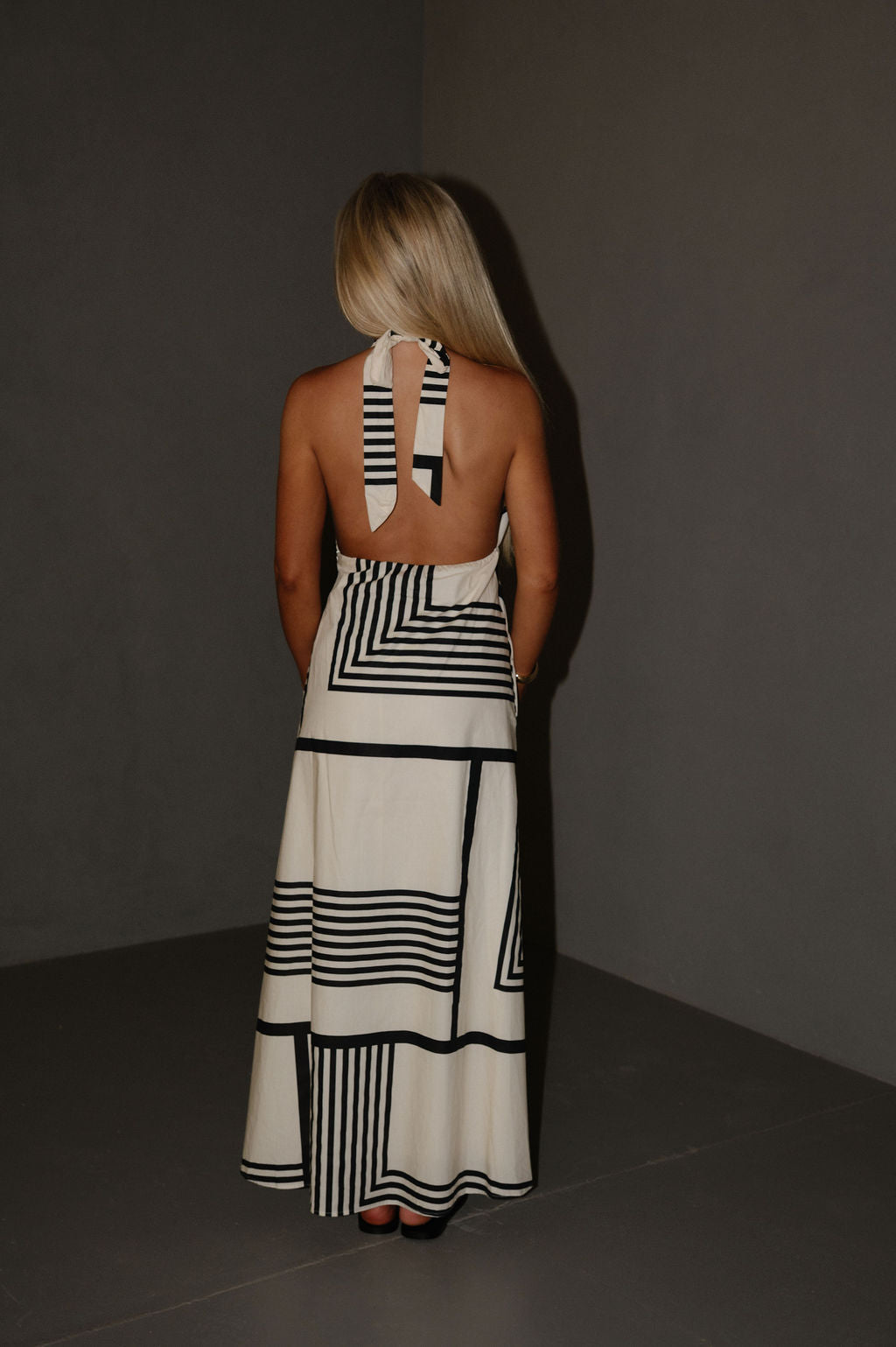 Geo Halter Print Dress-Black