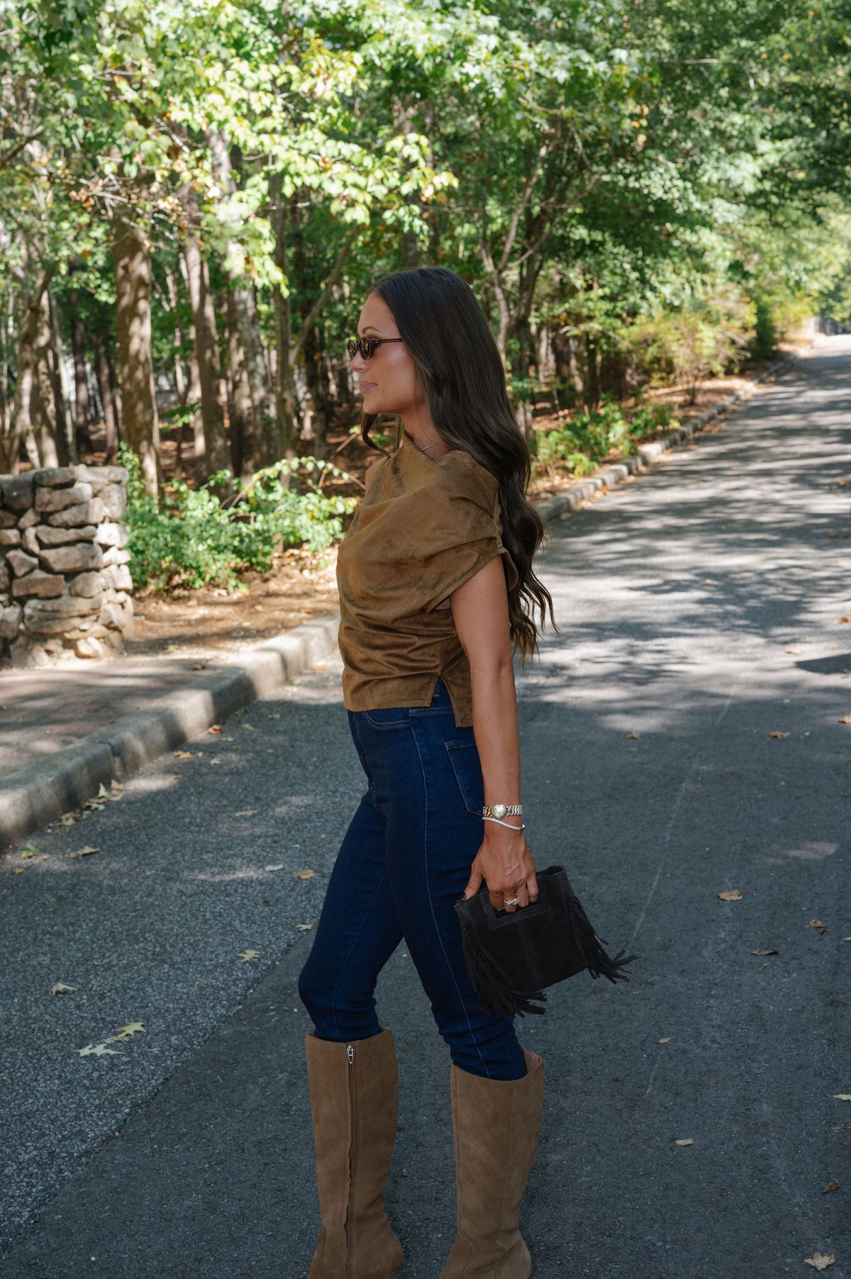 Brown Faux Suede Cowl Neck Top