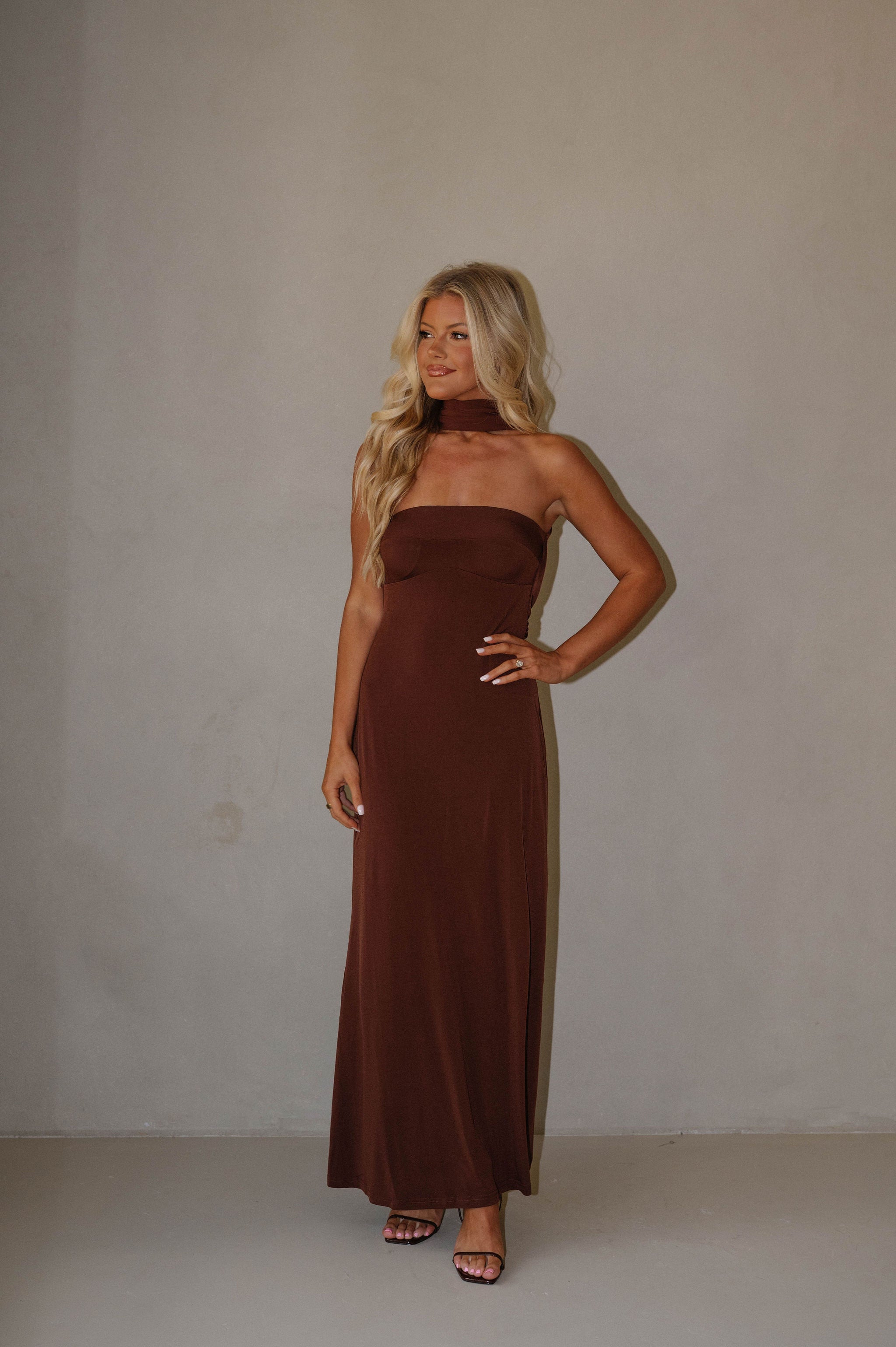 Reverse Halter Maxi Dress-Chocolate