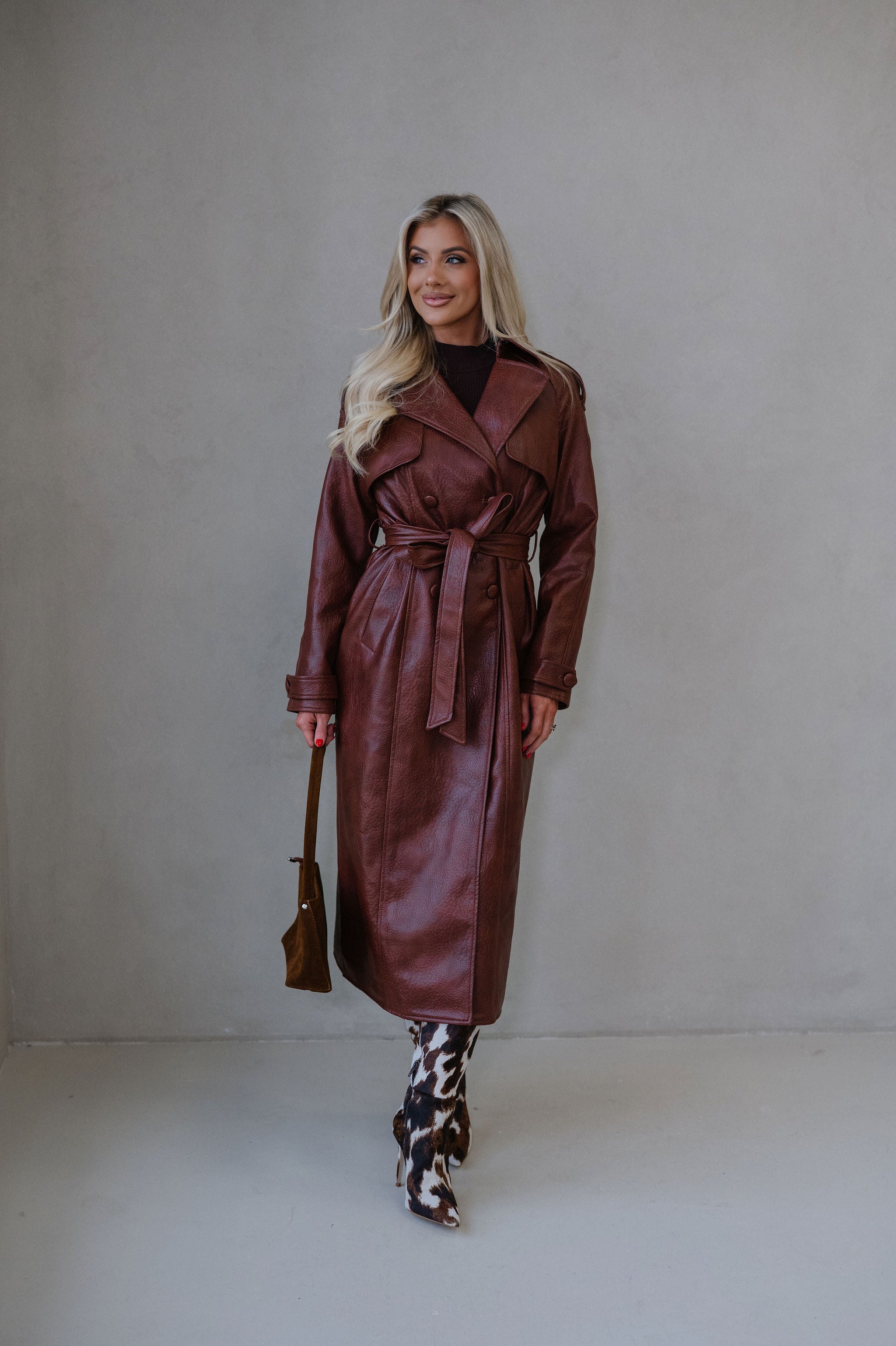 Camden Faux Leather Trench Coat-Rust Brown