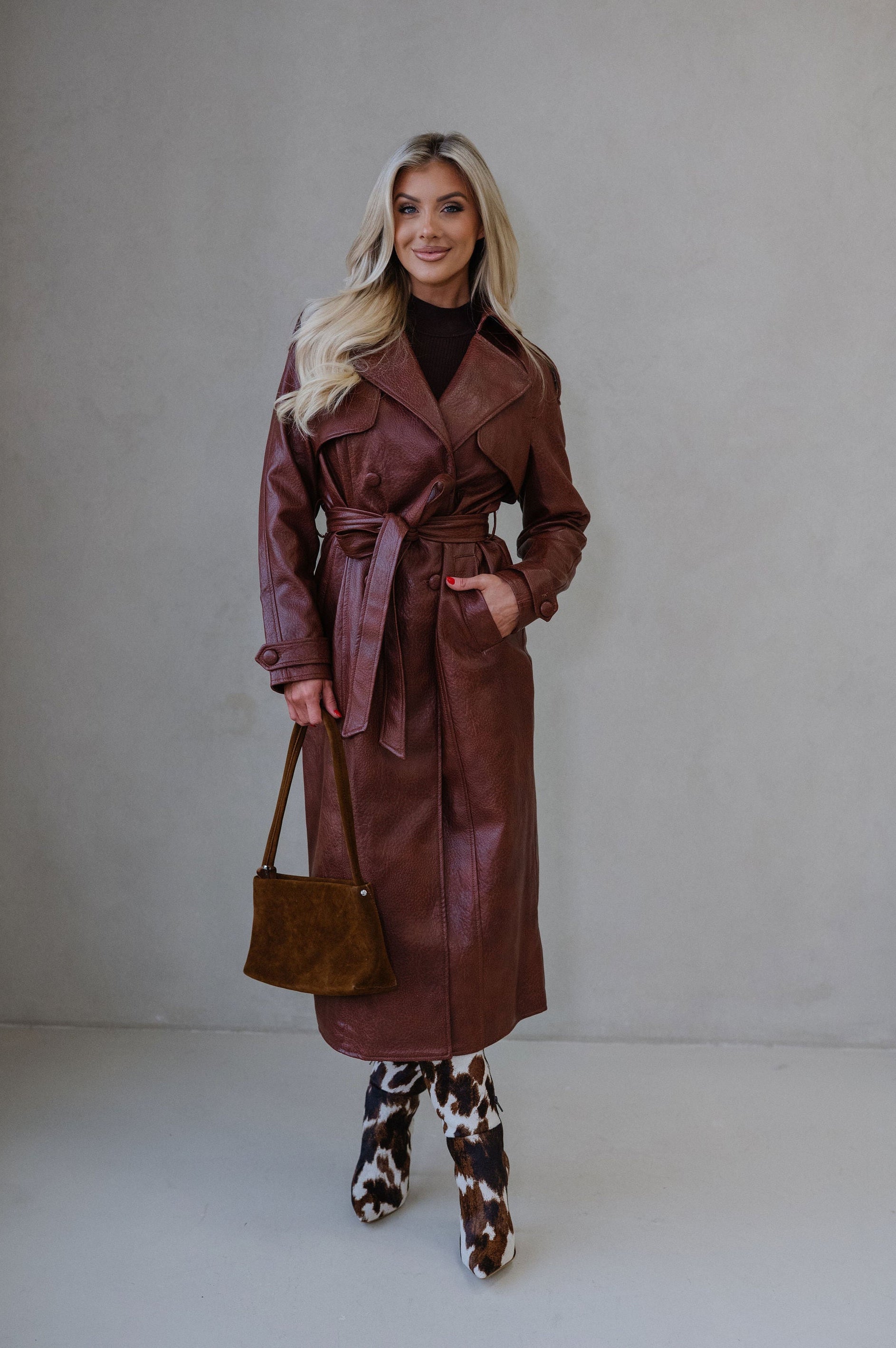 Camden Faux Leather Trench Coat-Rust Brown