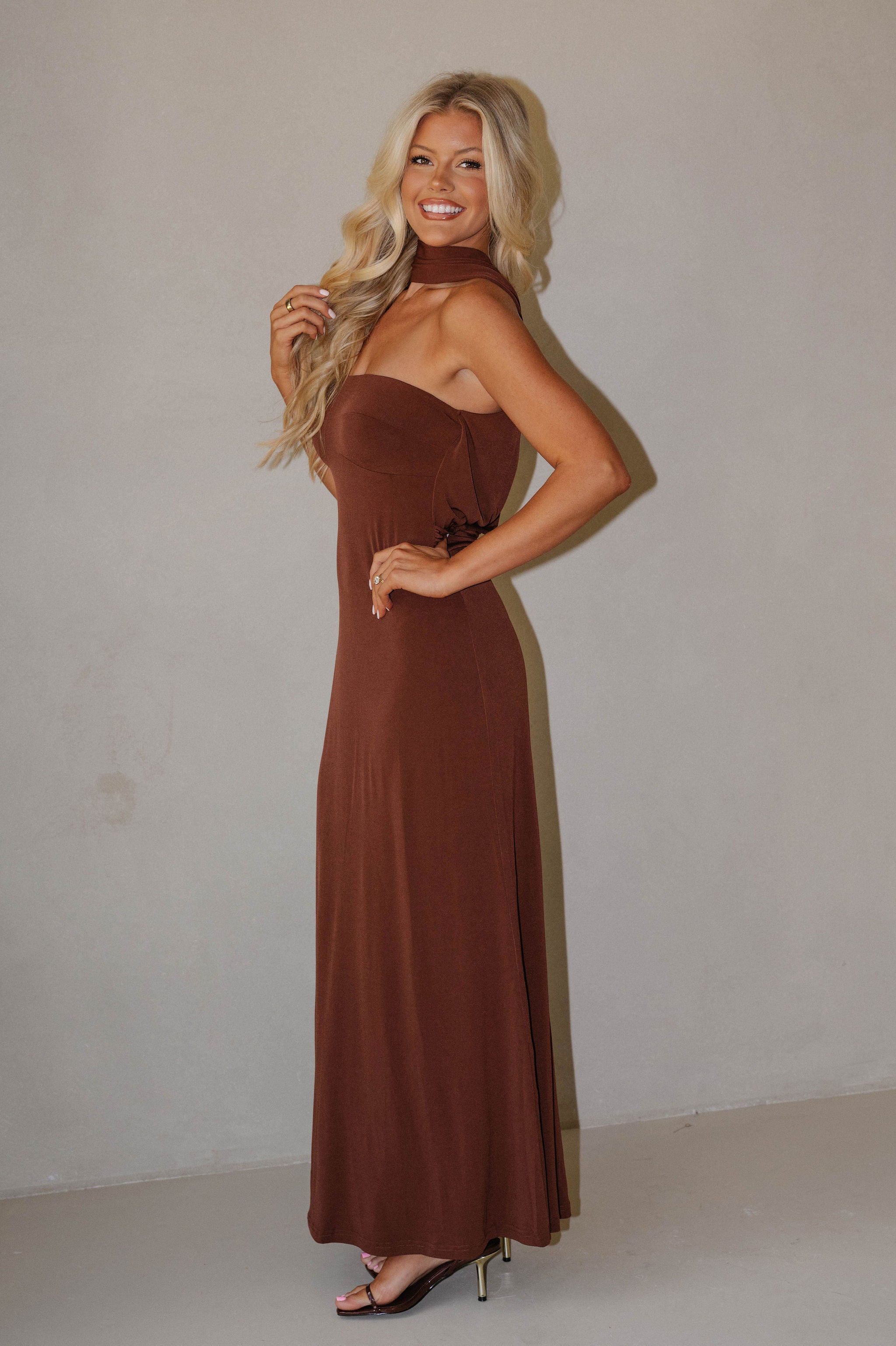 Reverse Halter Maxi Dress-Chocolate