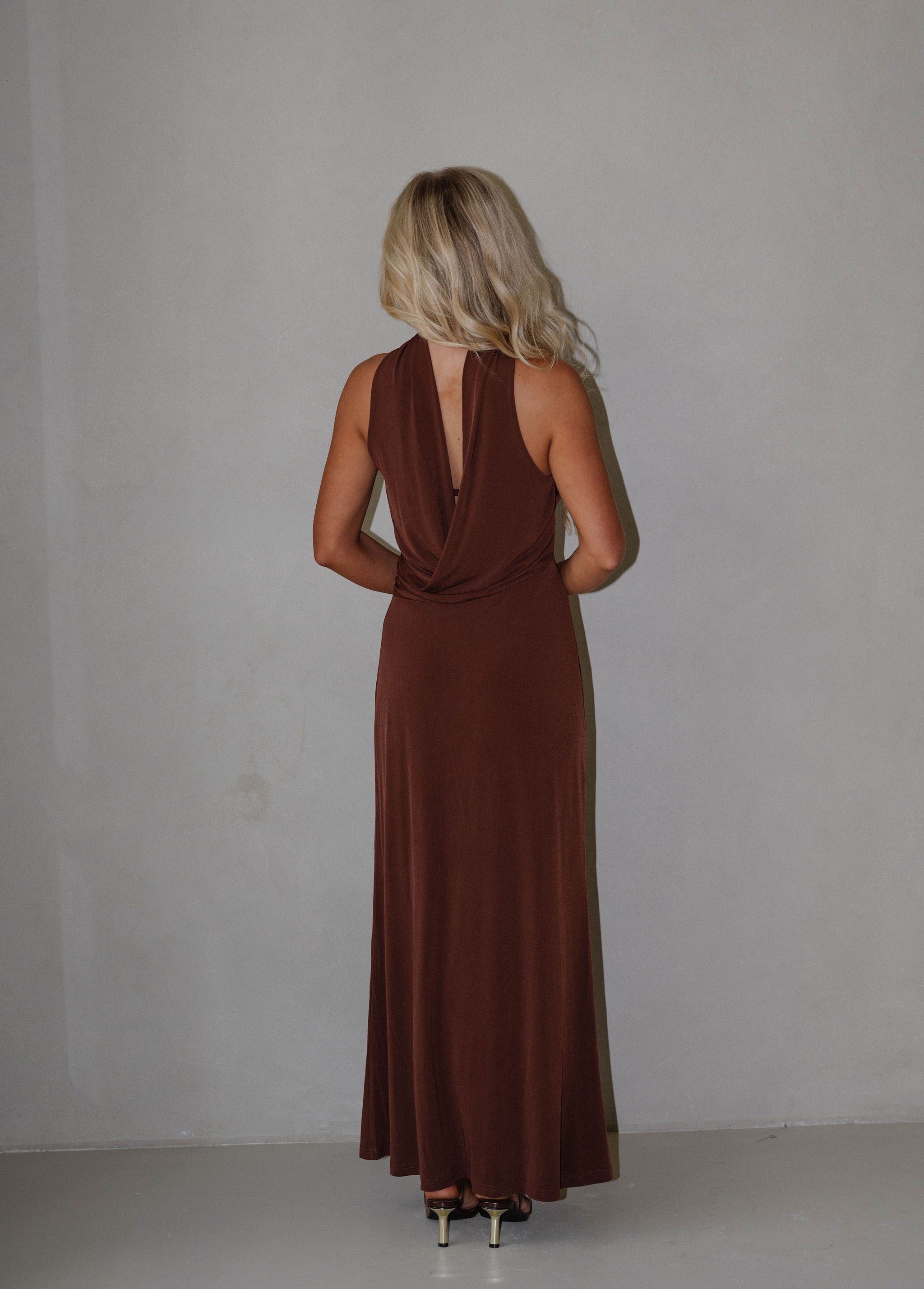 Reverse Halter Maxi Dress-Chocolate