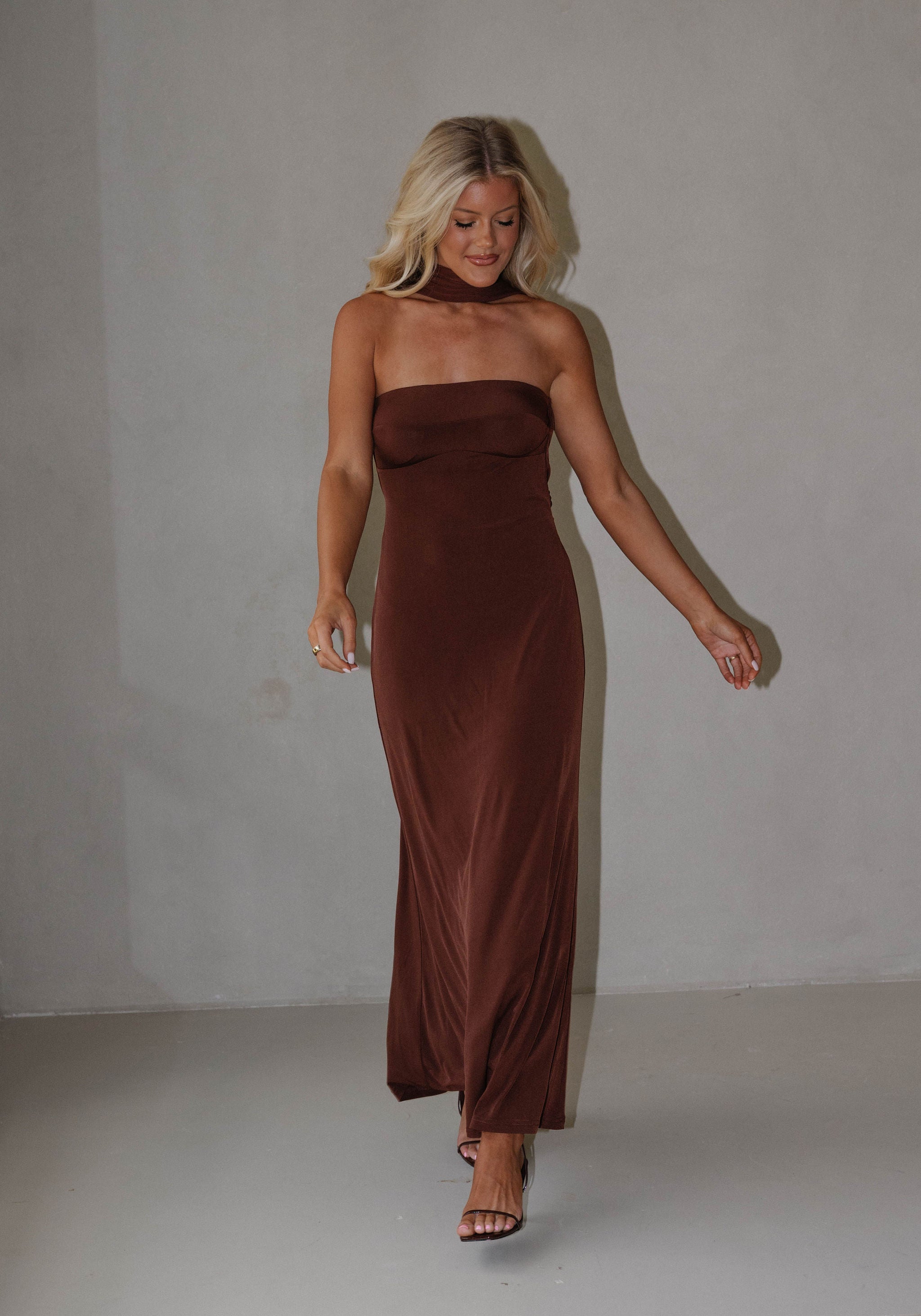 Reverse Halter Maxi Dress-Chocolate