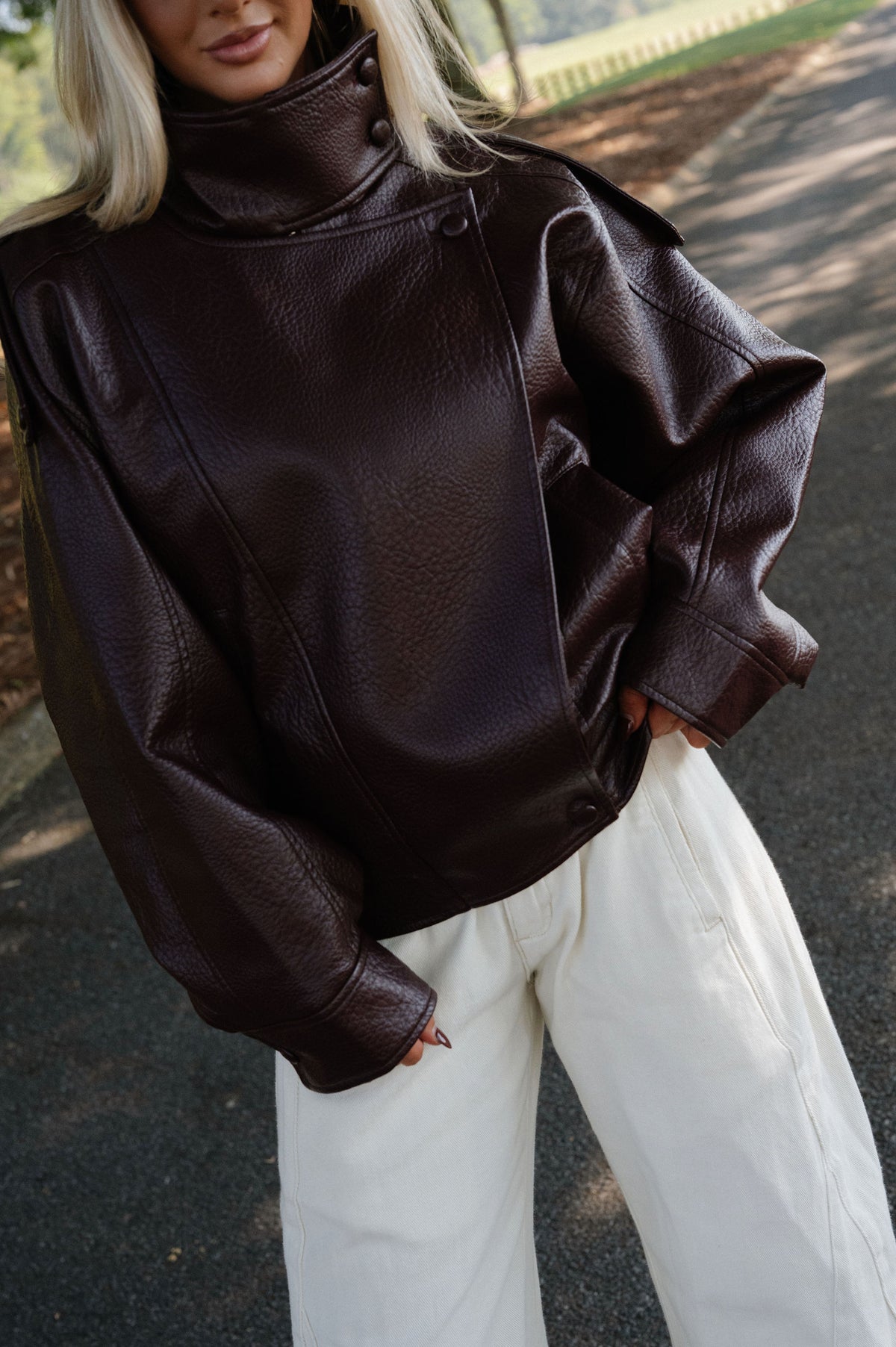 Faux Leather Funnel Neck Oversized Jacket-Burgundy