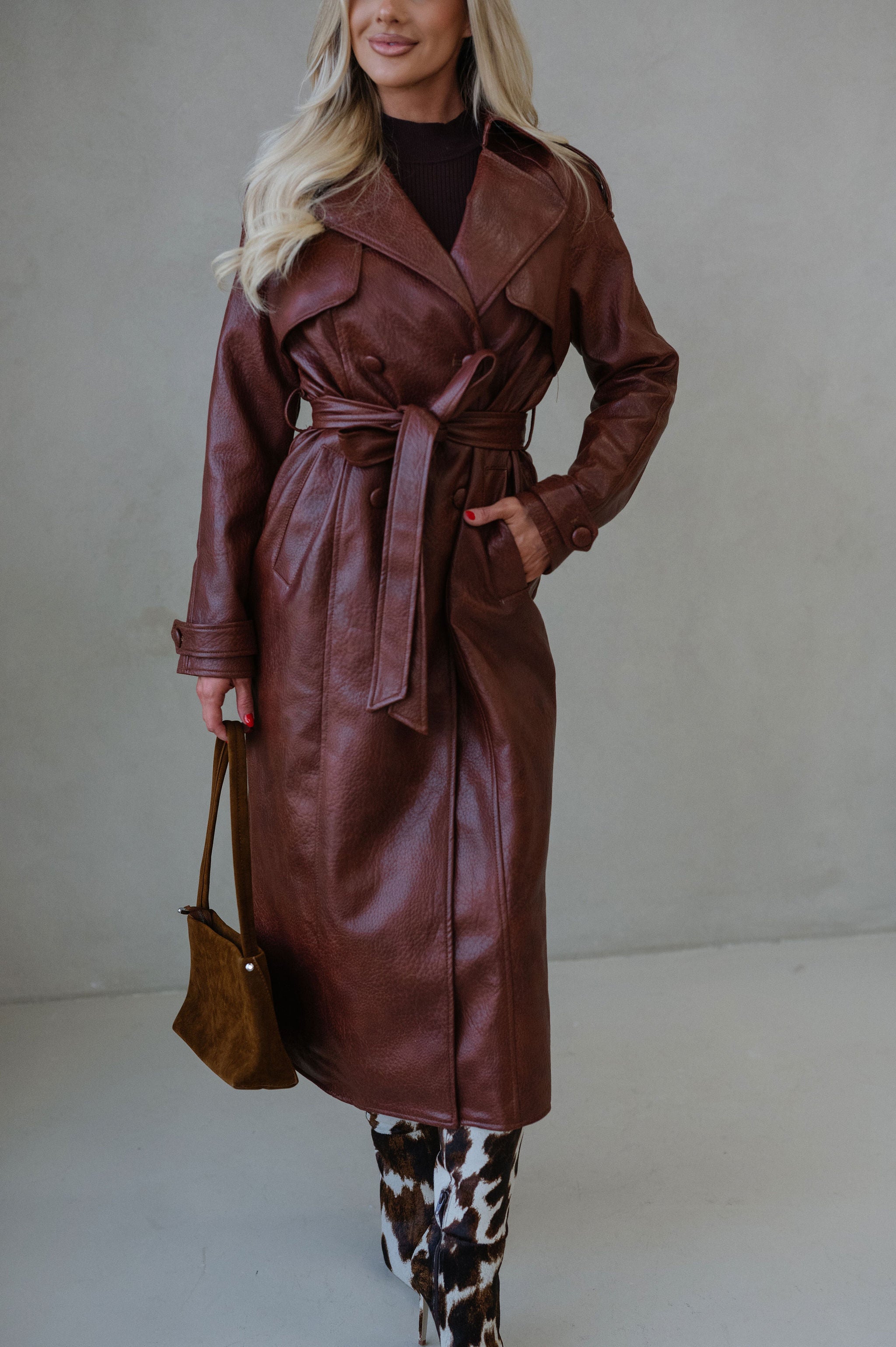 Camden Faux Leather Trench Coat-Rust Brown