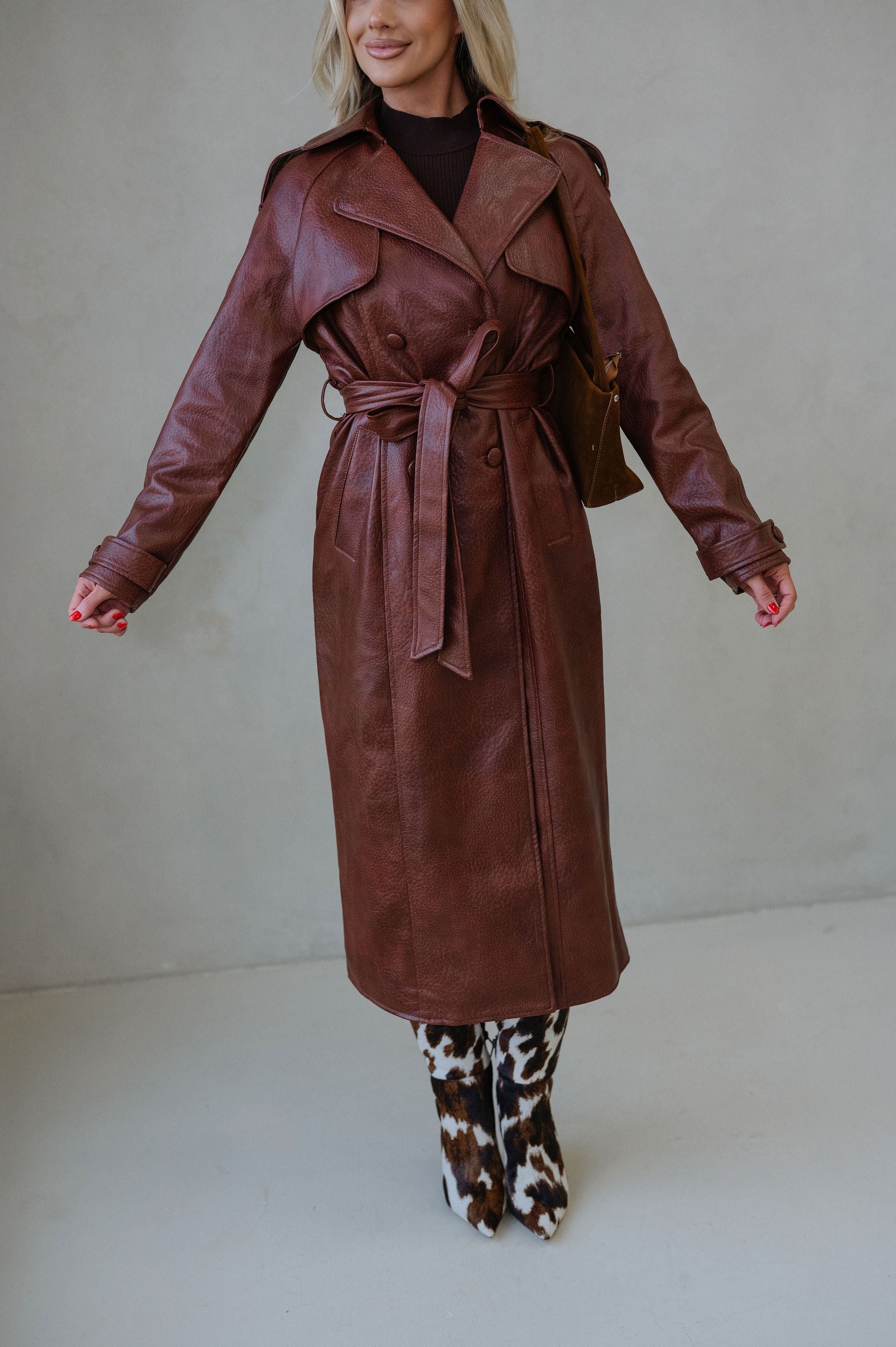 Camden Faux Leather Trench Coat-Rust Brown