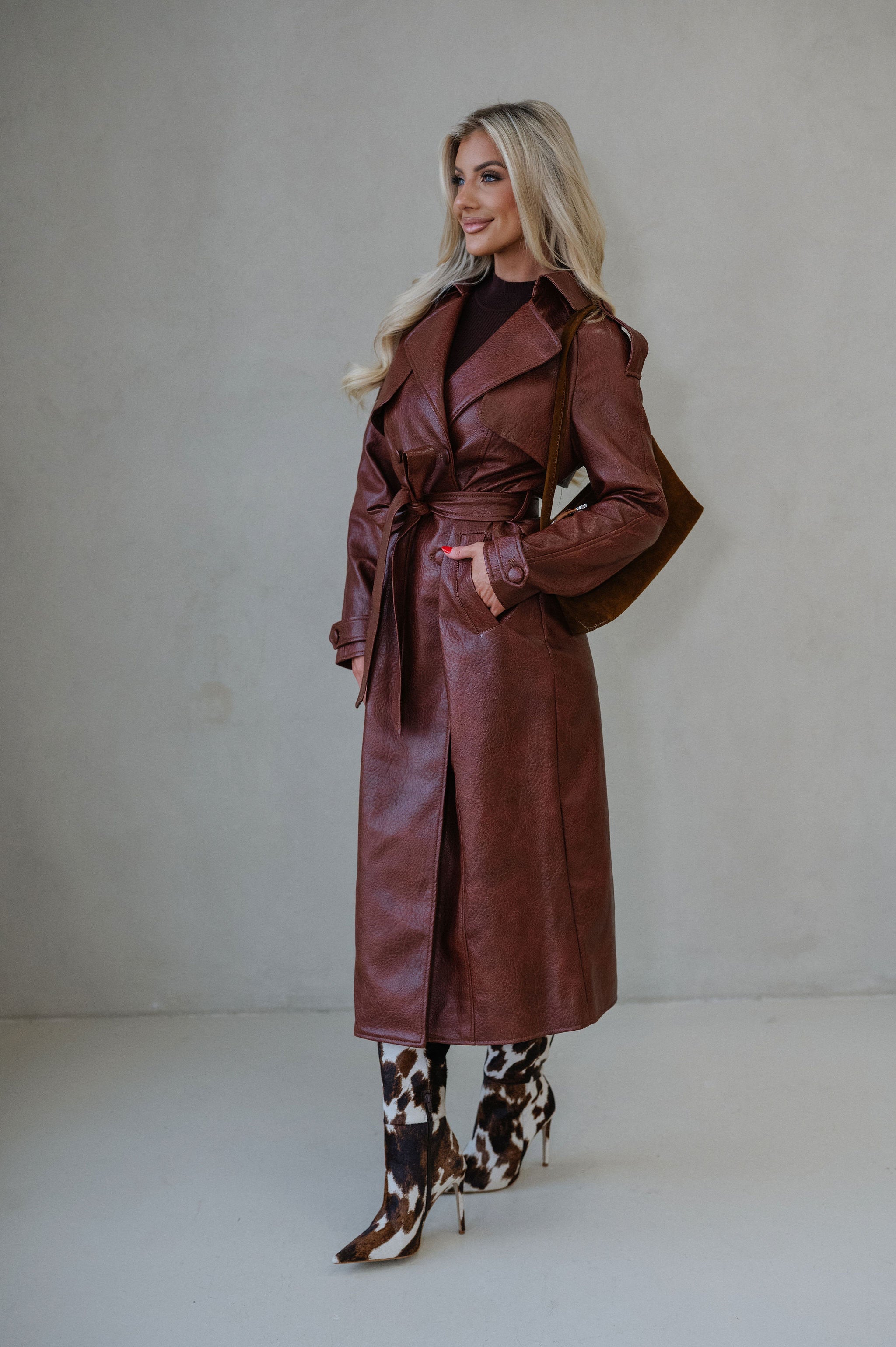 Camden Faux Leather Trench Coat-Rust Brown