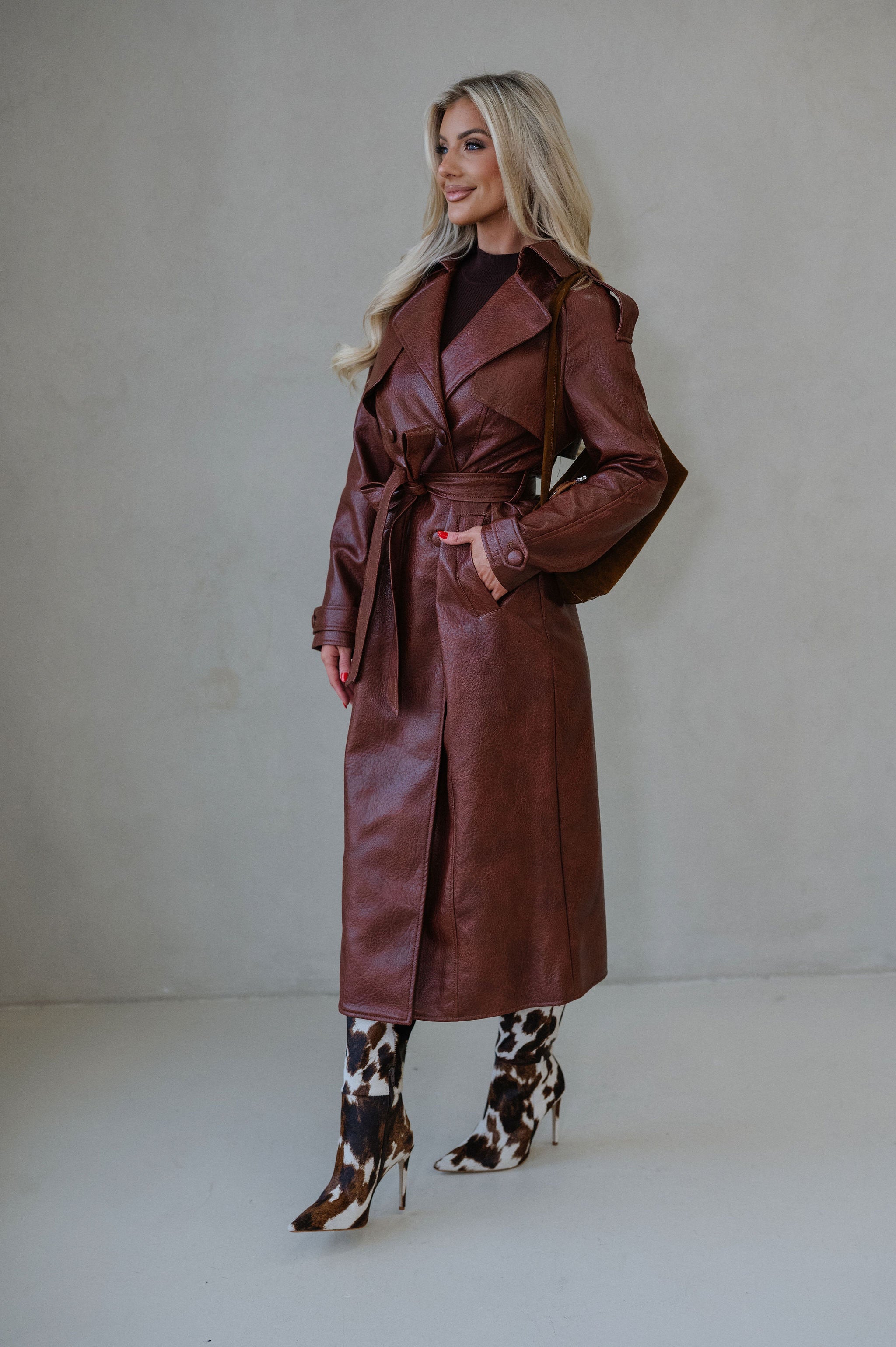 Camden Faux Leather Trench Coat-Rust Brown