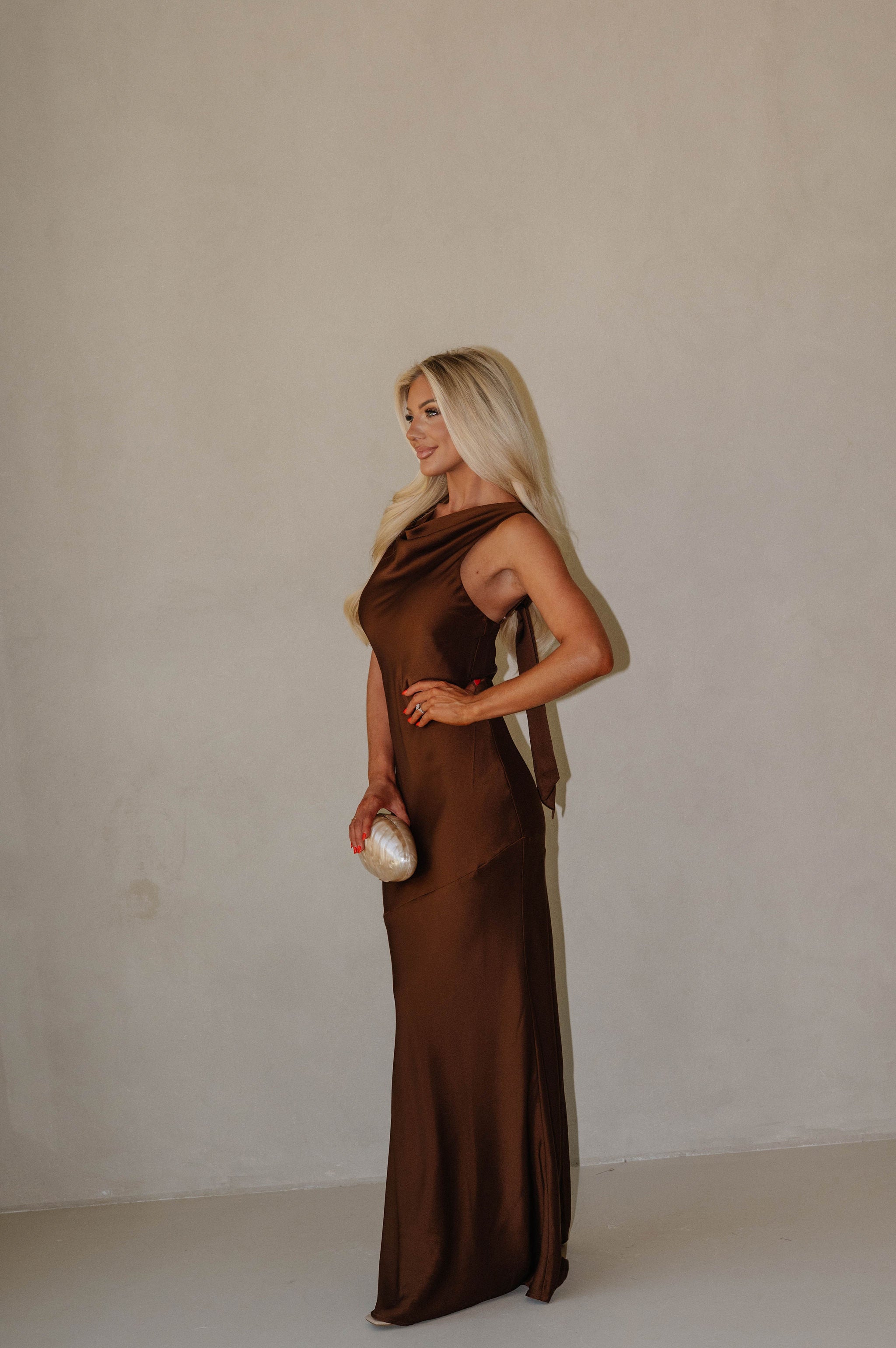 Jenny Cowl Satin Maxi Dress-Brown