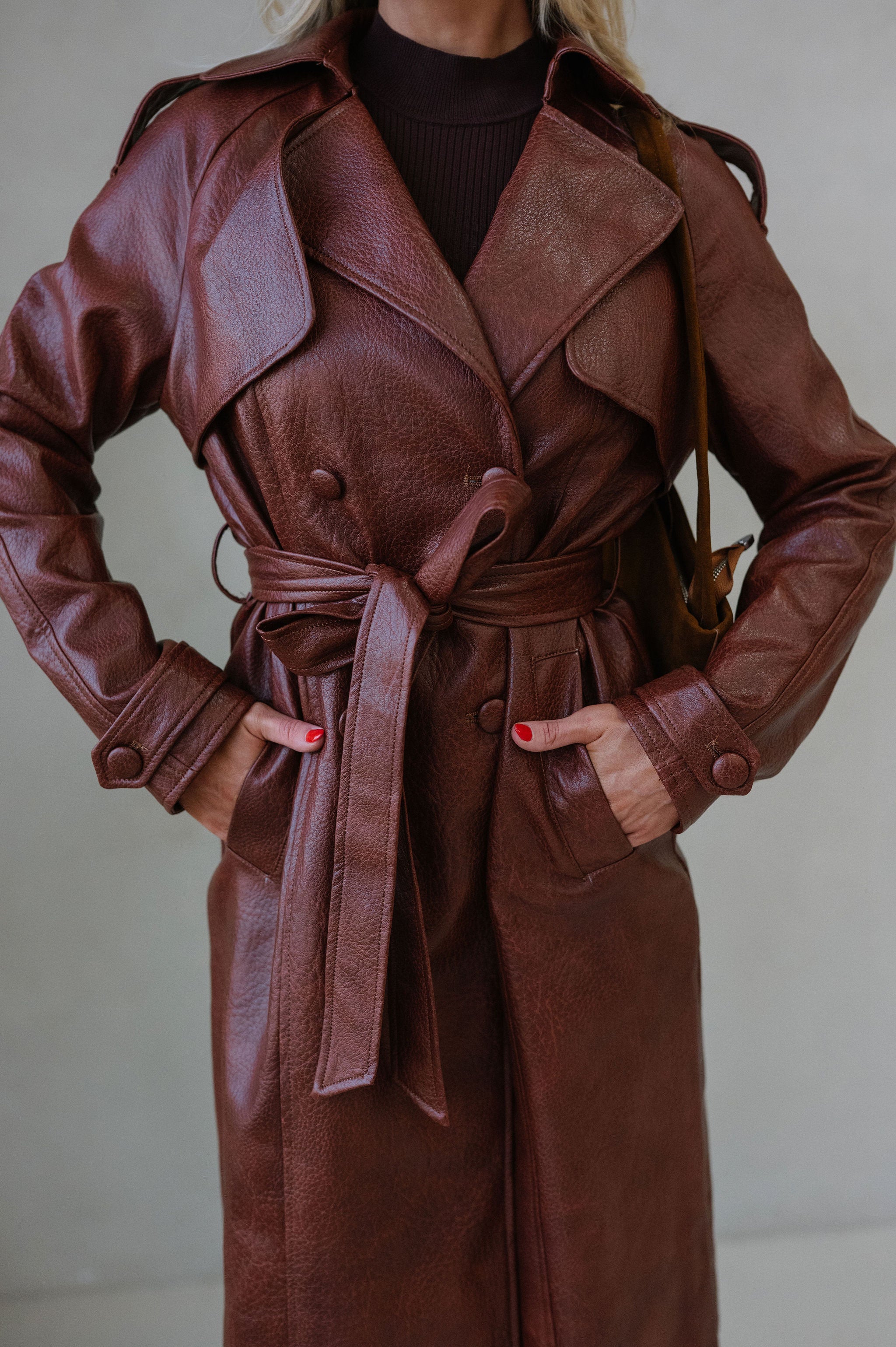 Camden Faux Leather Trench Coat-Rust Brown