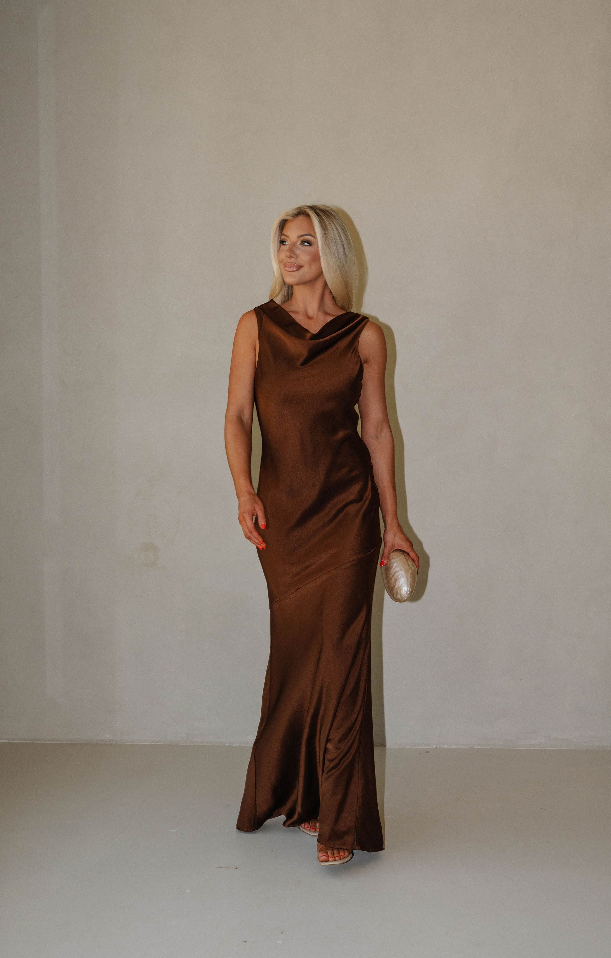 Jenny Cowl Satin Maxi Dress-Brown