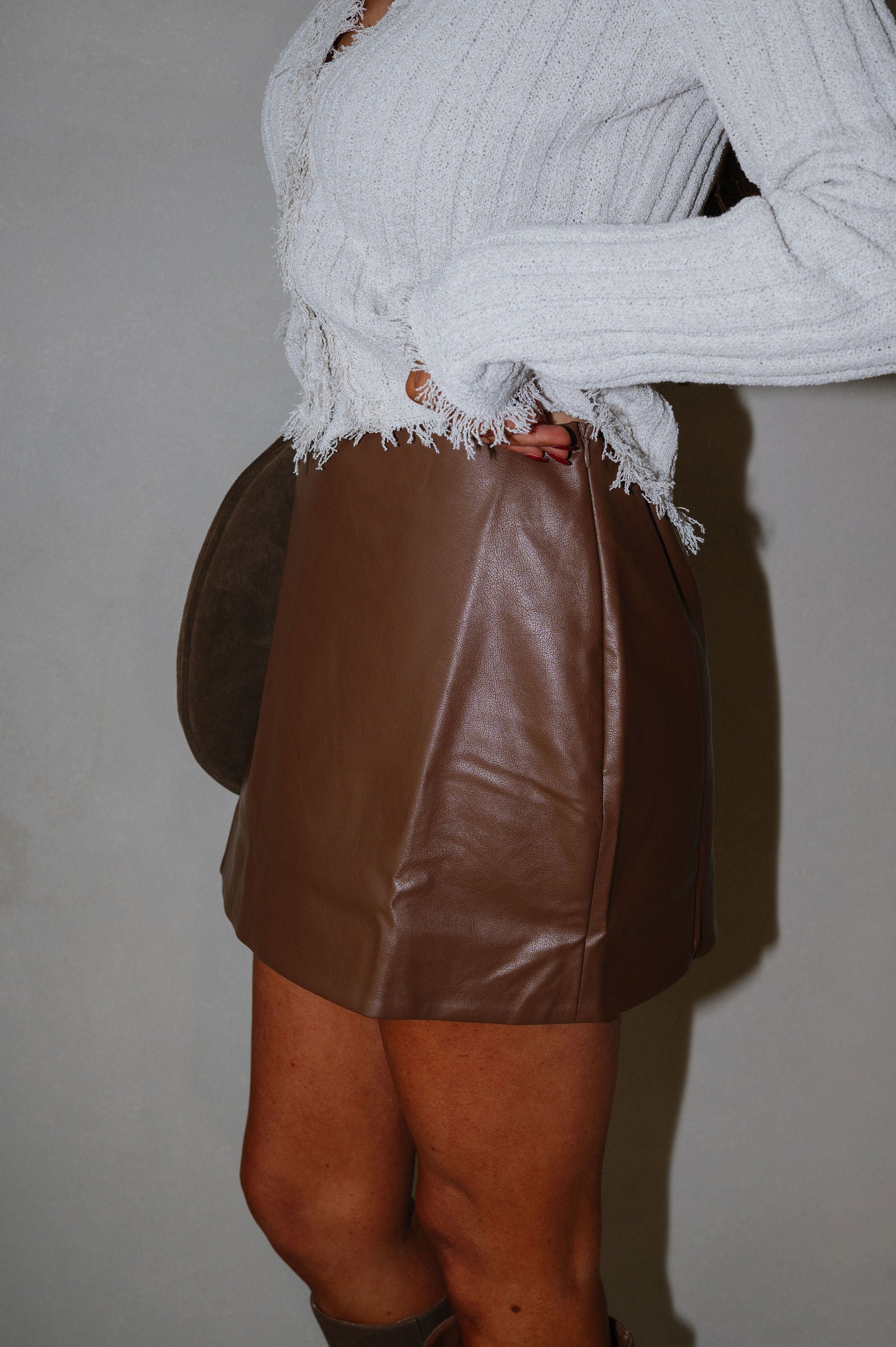 Dalton Leather Mini Skirt-Brown