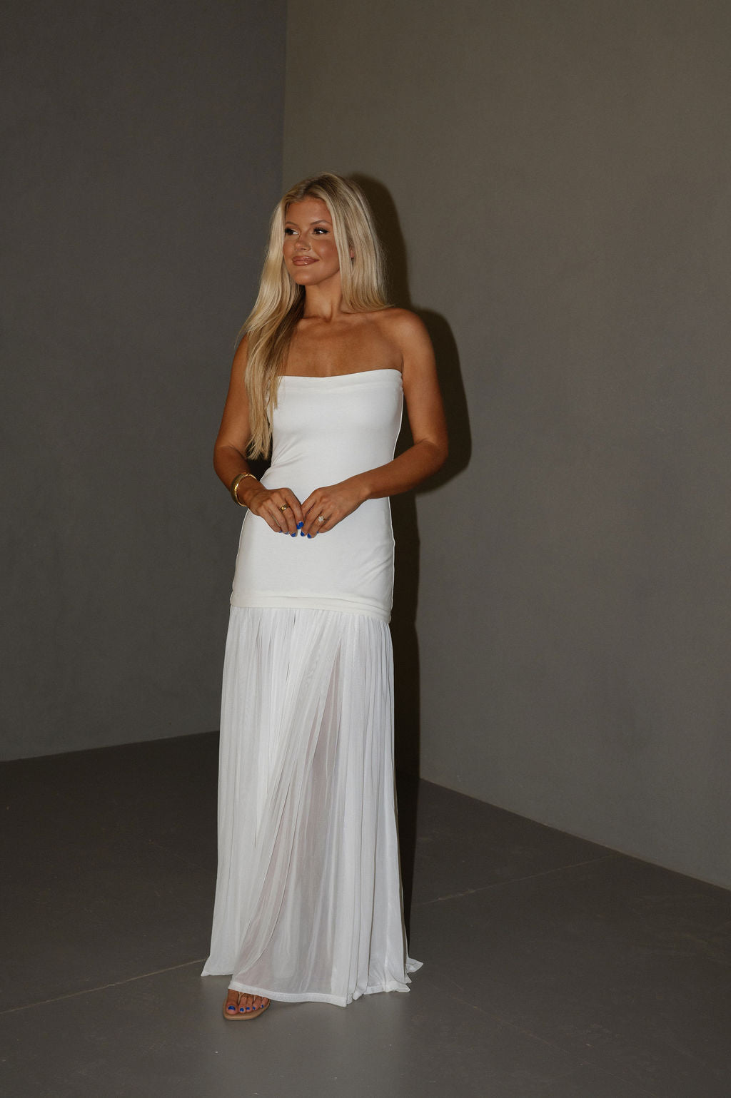 Shirred Chiffon Maxi Dress-Off White