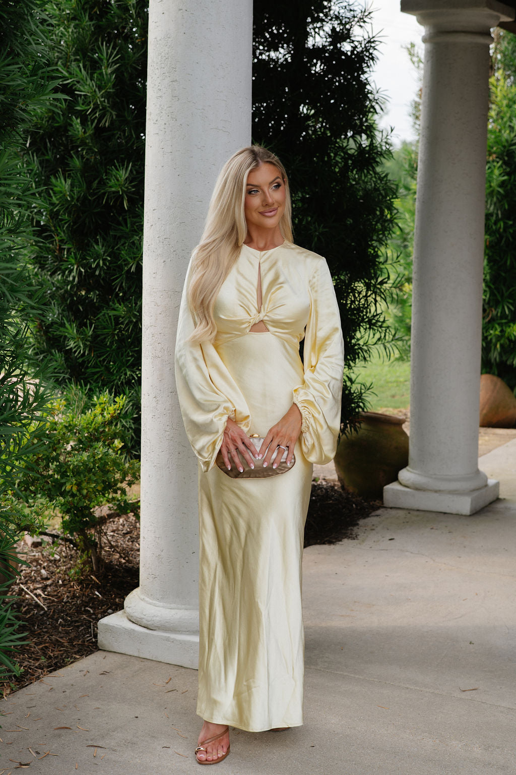 Knot Detail Balloon Sleeve Maxi Dress-Yellow