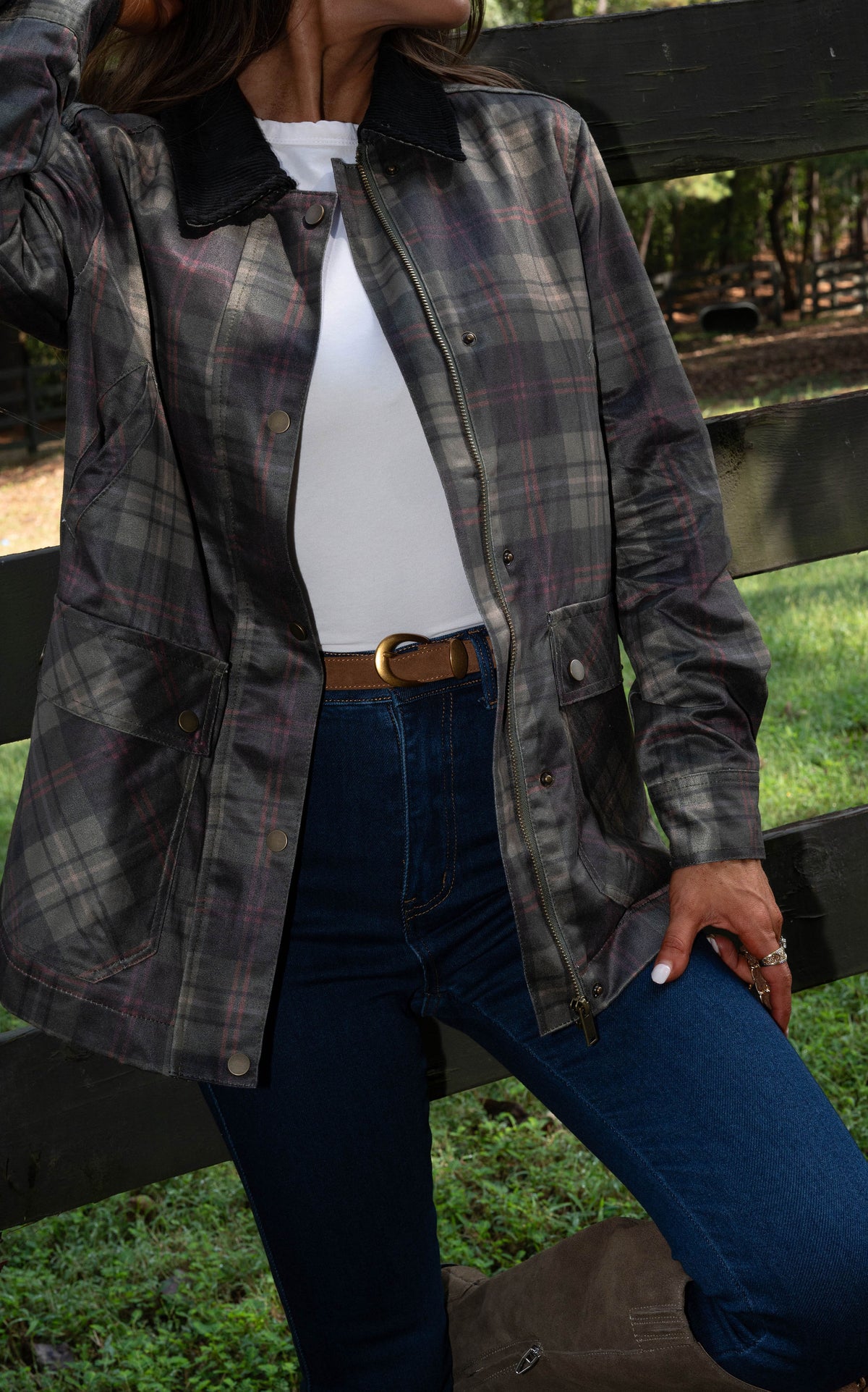 Lucy Plaid Barn Jacket-Olive