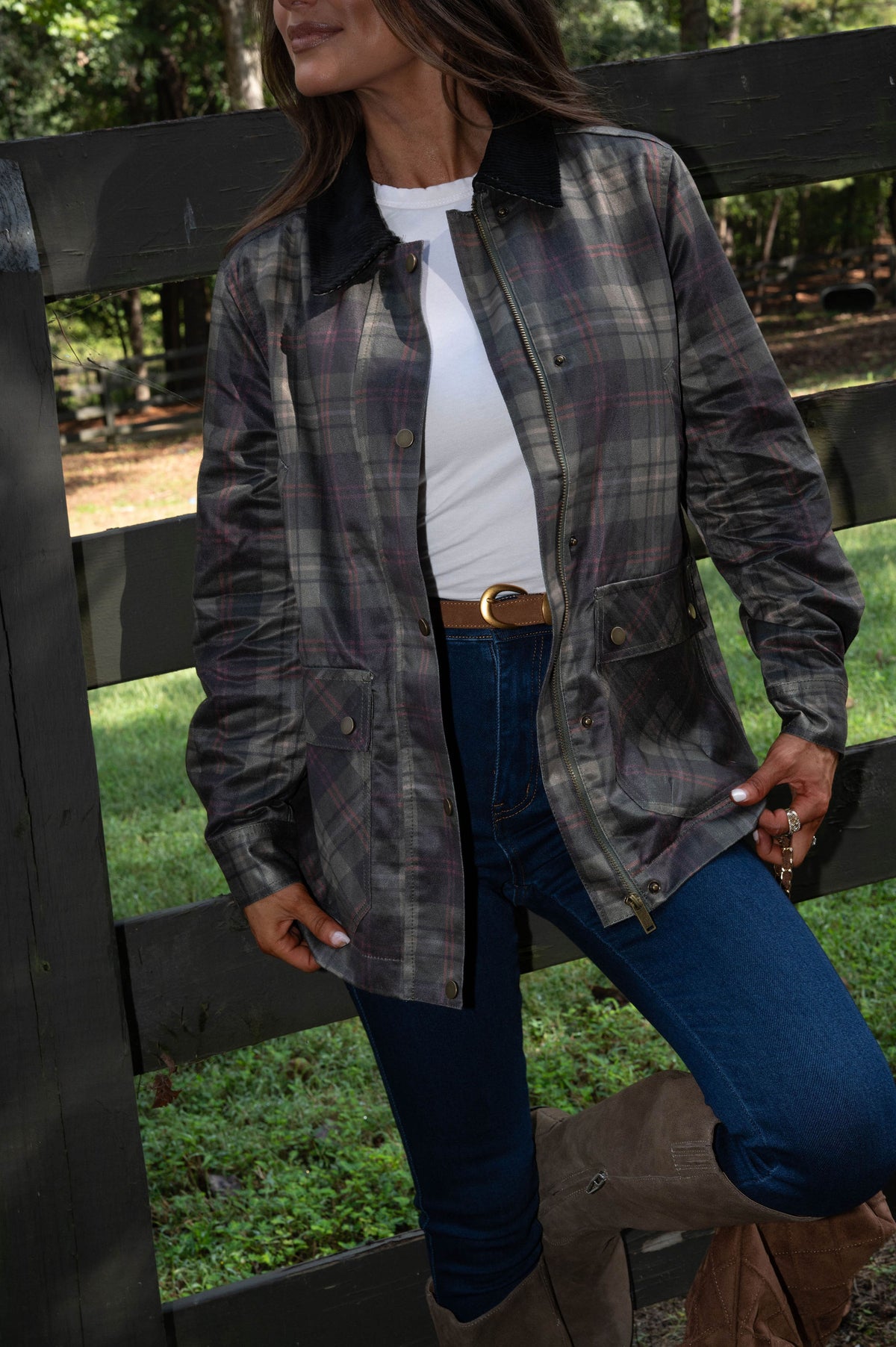 Lucy Plaid Barn Jacket-Olive