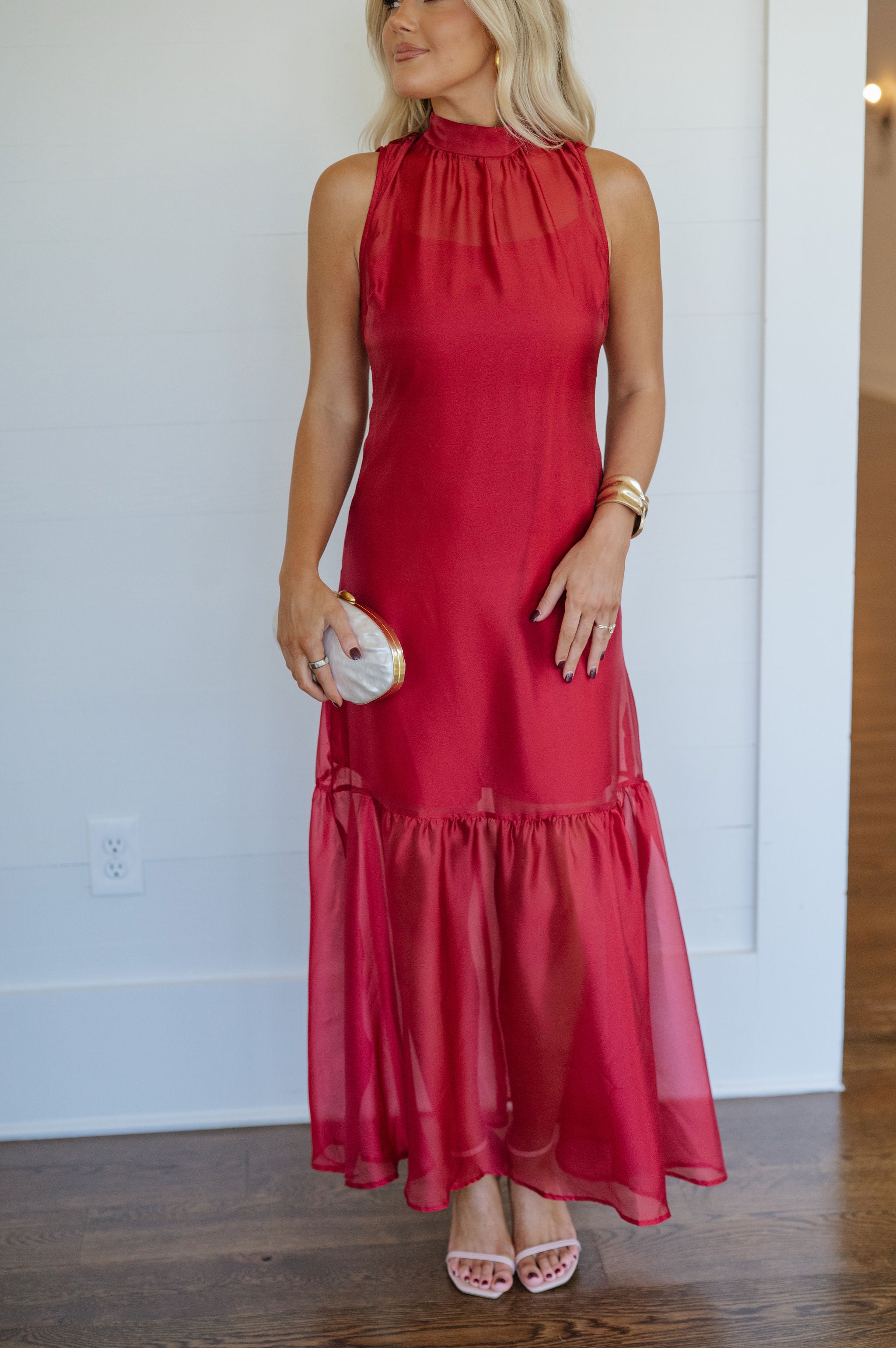 Sunnie Organza Mock Neck Maxi Dress-Deep Red