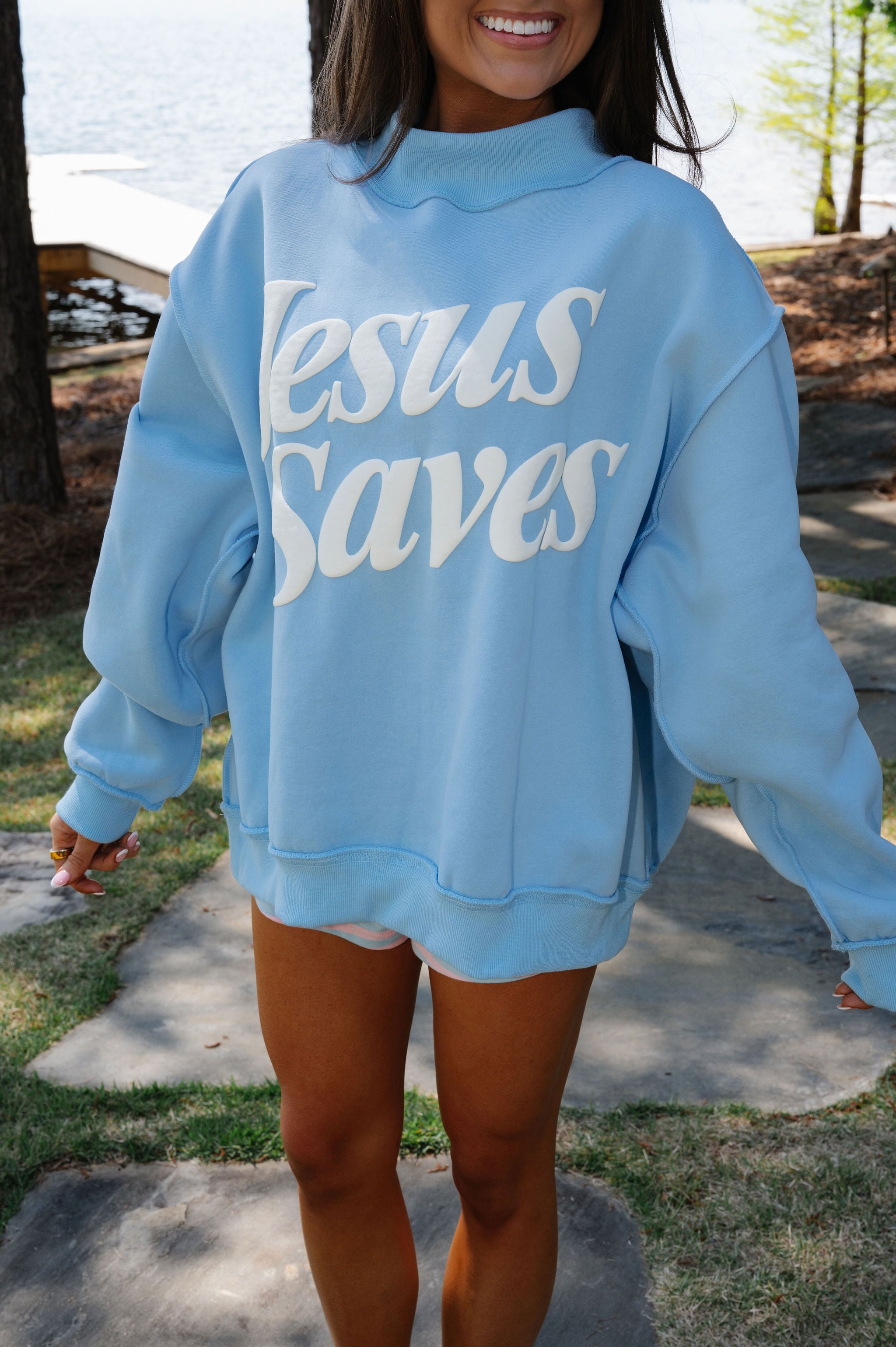 "Jesus Saves" Mockneck -Baby Blue