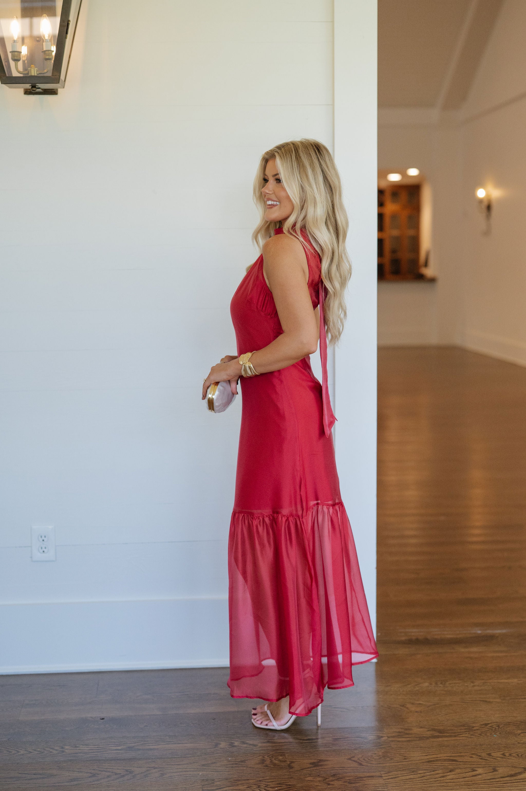 Sunnie Organza Mock Neck Maxi Dress-Deep Red