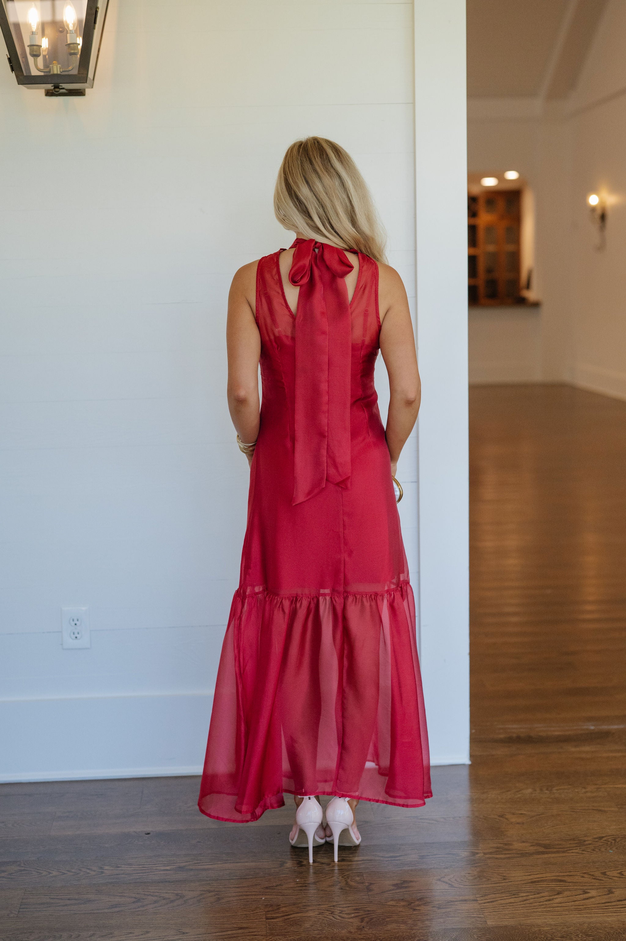 Sunnie Organza Mock Neck Maxi Dress-Deep Red