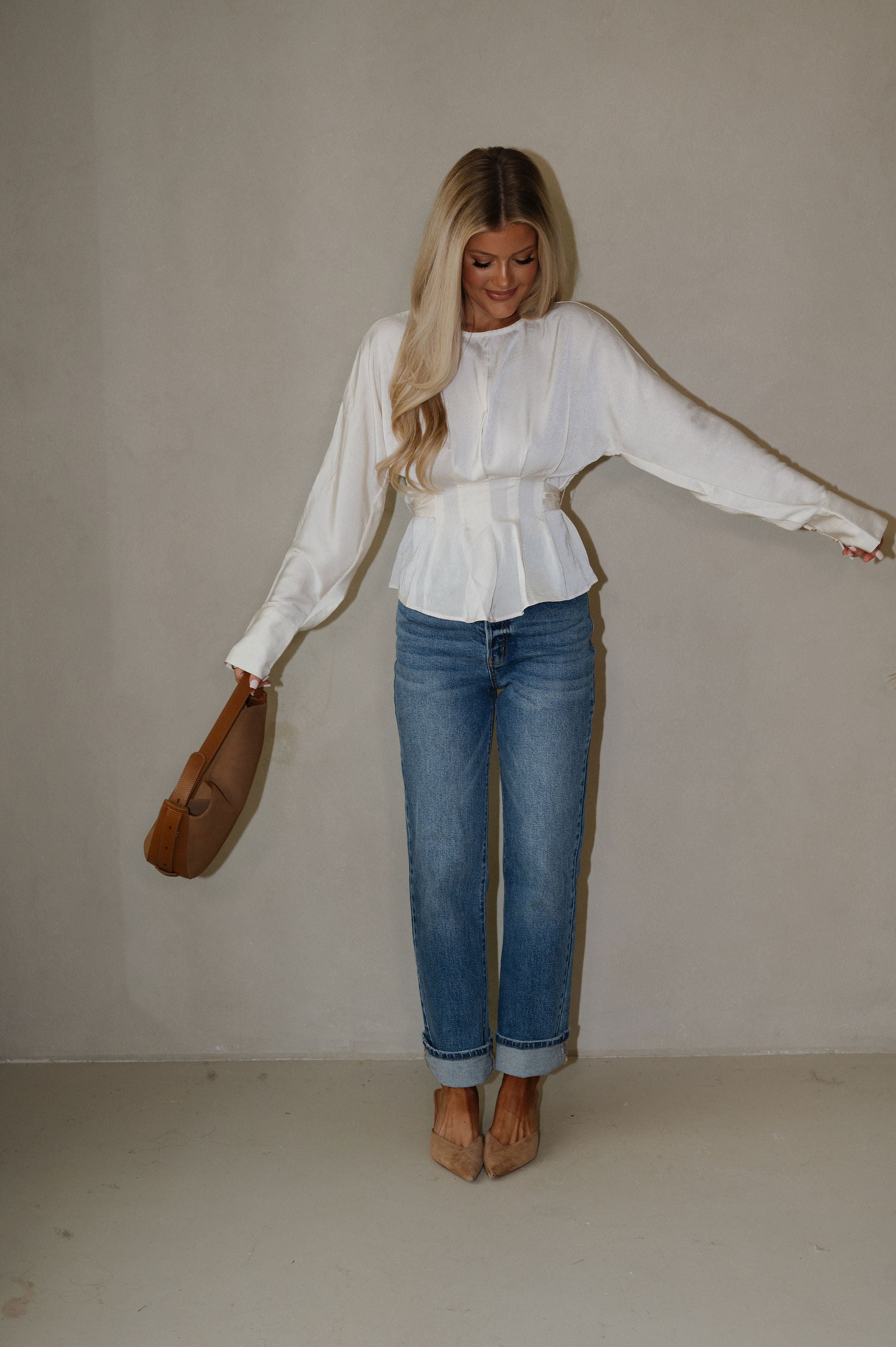 Pleated Tie Back Blouse-Cream