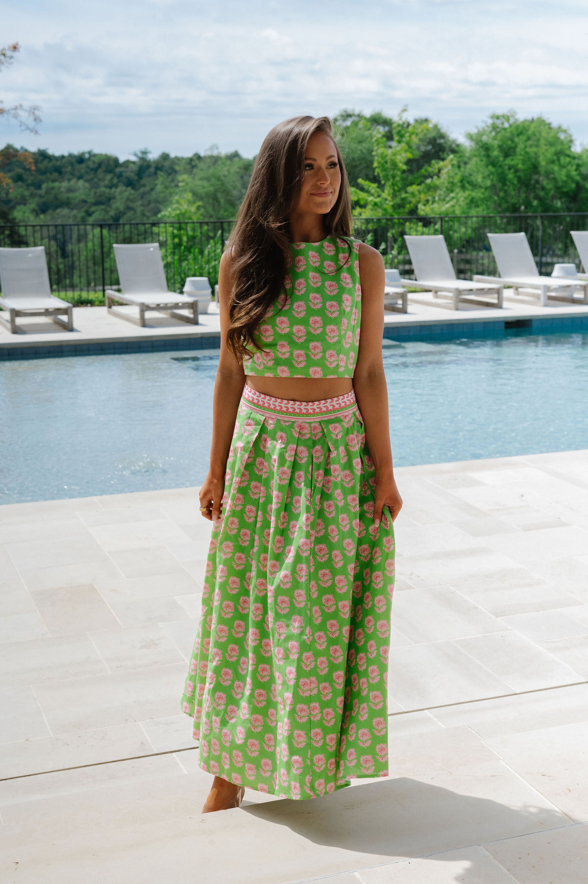 Meg Floral Midi Skirt Set-Green Multi