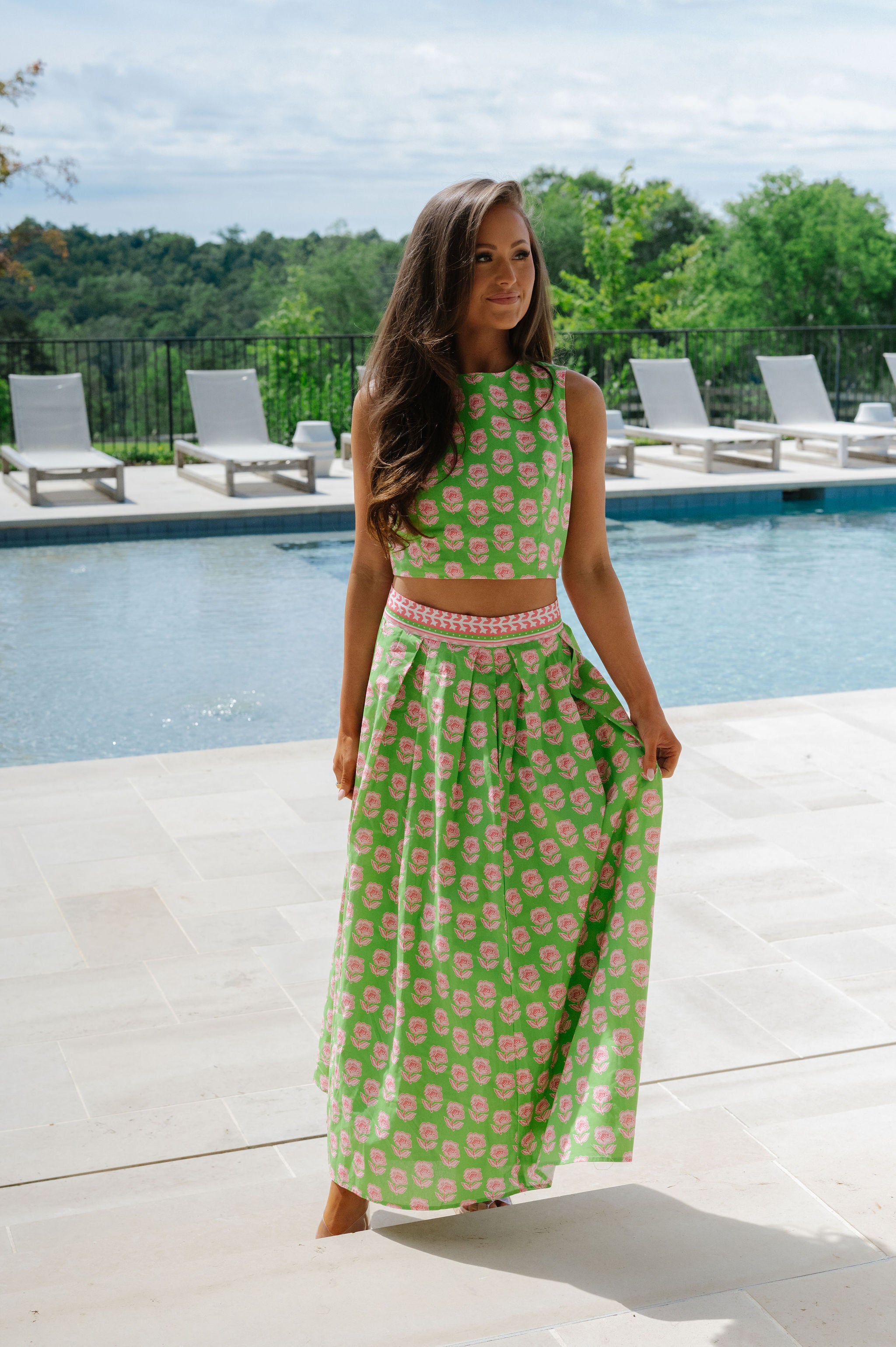Meg Floral Midi Skirt Set-Green Multi