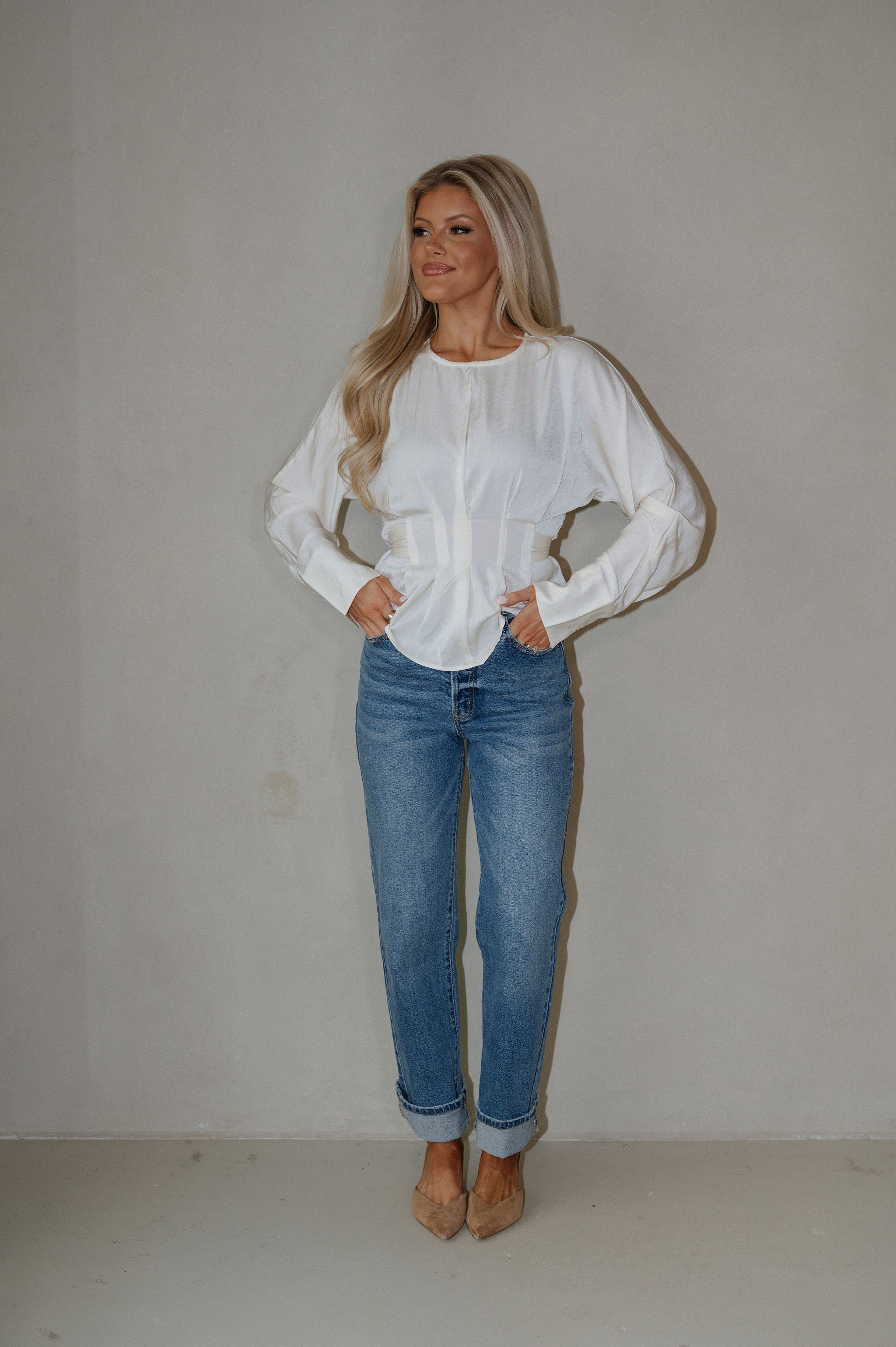 Pleated Tie Back Blouse-Cream